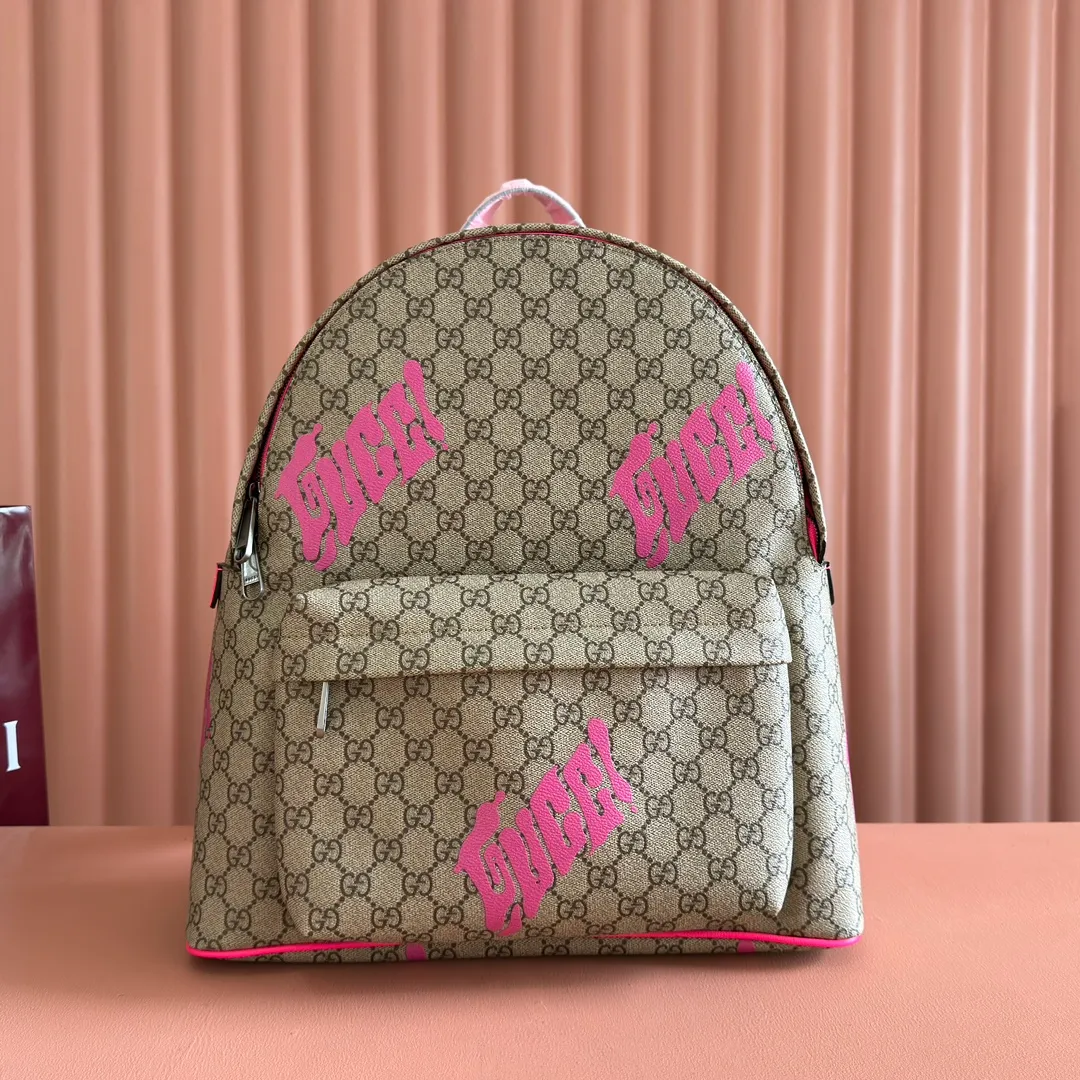 💋💋💋[New product] GG printed medium backpack, rose red silk screen brown/PVC original leather shipped, 🐴Model: 834466, short video