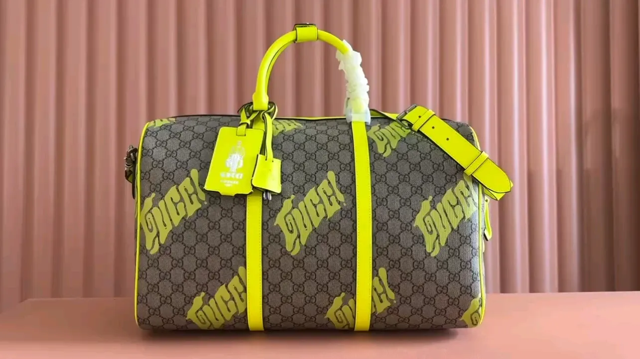 💋💋💋[New Product] GG printed medium travel bag, emerald green screen-printed brown/PVC original leather has been shipped, 🐴Model: 834962, short video