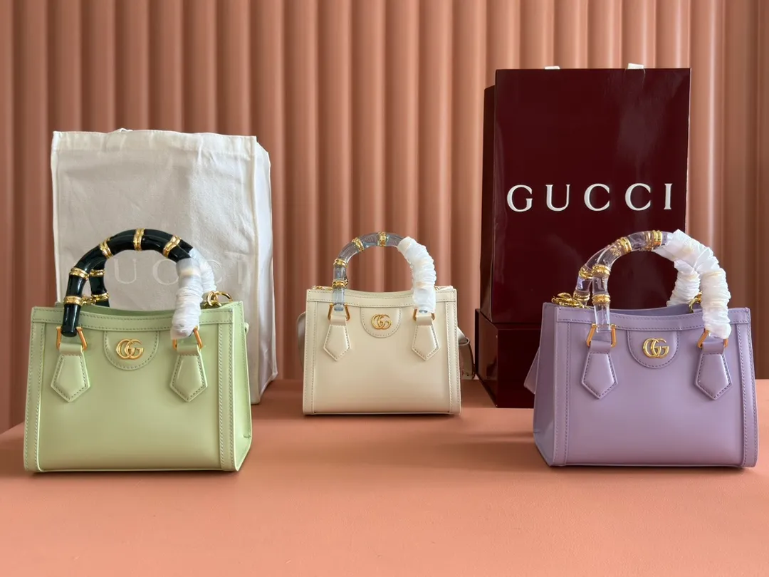 💋💋💋【New Product】GG Gucci Diana series bamboo mini tote bag, white, light green, light purple/original leather has been shipped, model number: 832936. Combination short video