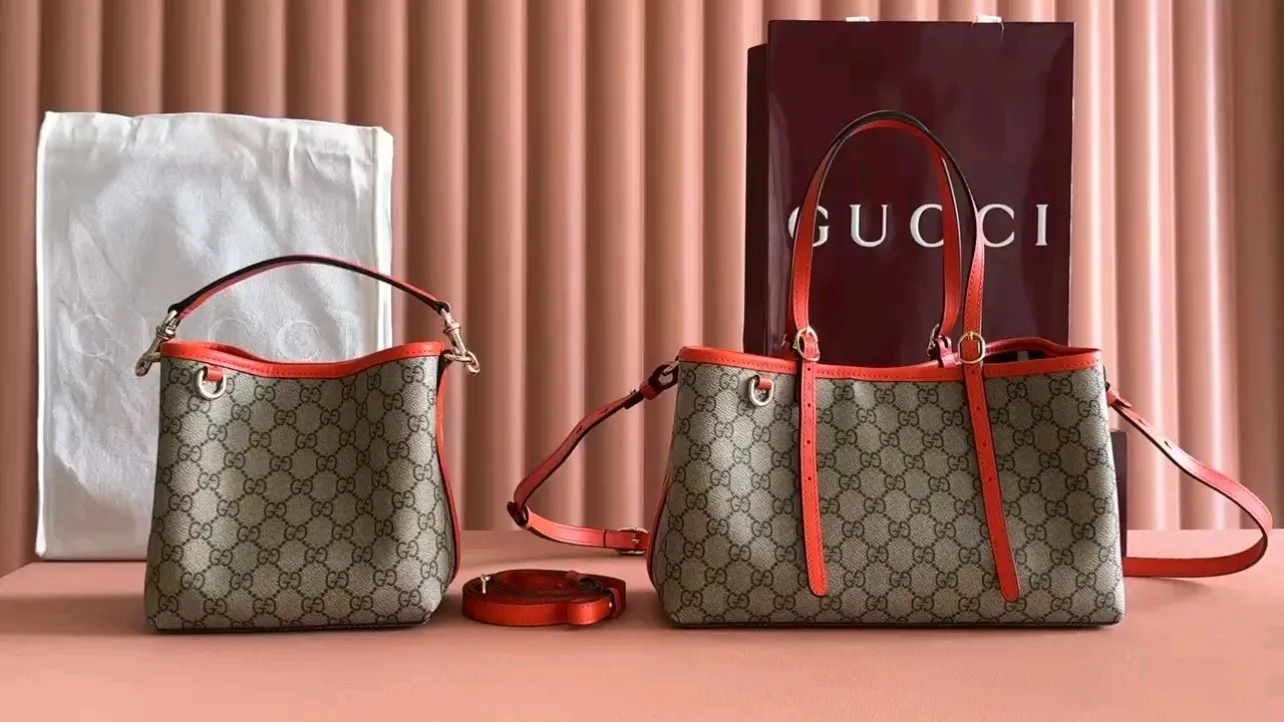 💋💋💋【New Product】👉 GG Emblem series mini shoulder bag, series of small and medium tote bags are shipped, brown orange/original leather is shipped, model: 815118, 815214, 815213. Combination short video