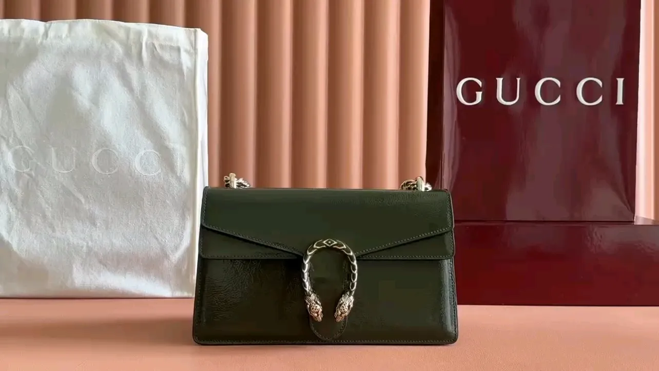 💋💋💋【New product】GG Dionysus series medium shoulder bag, forest green patent leather/original leather shipped, 28cm model: 795005, short video