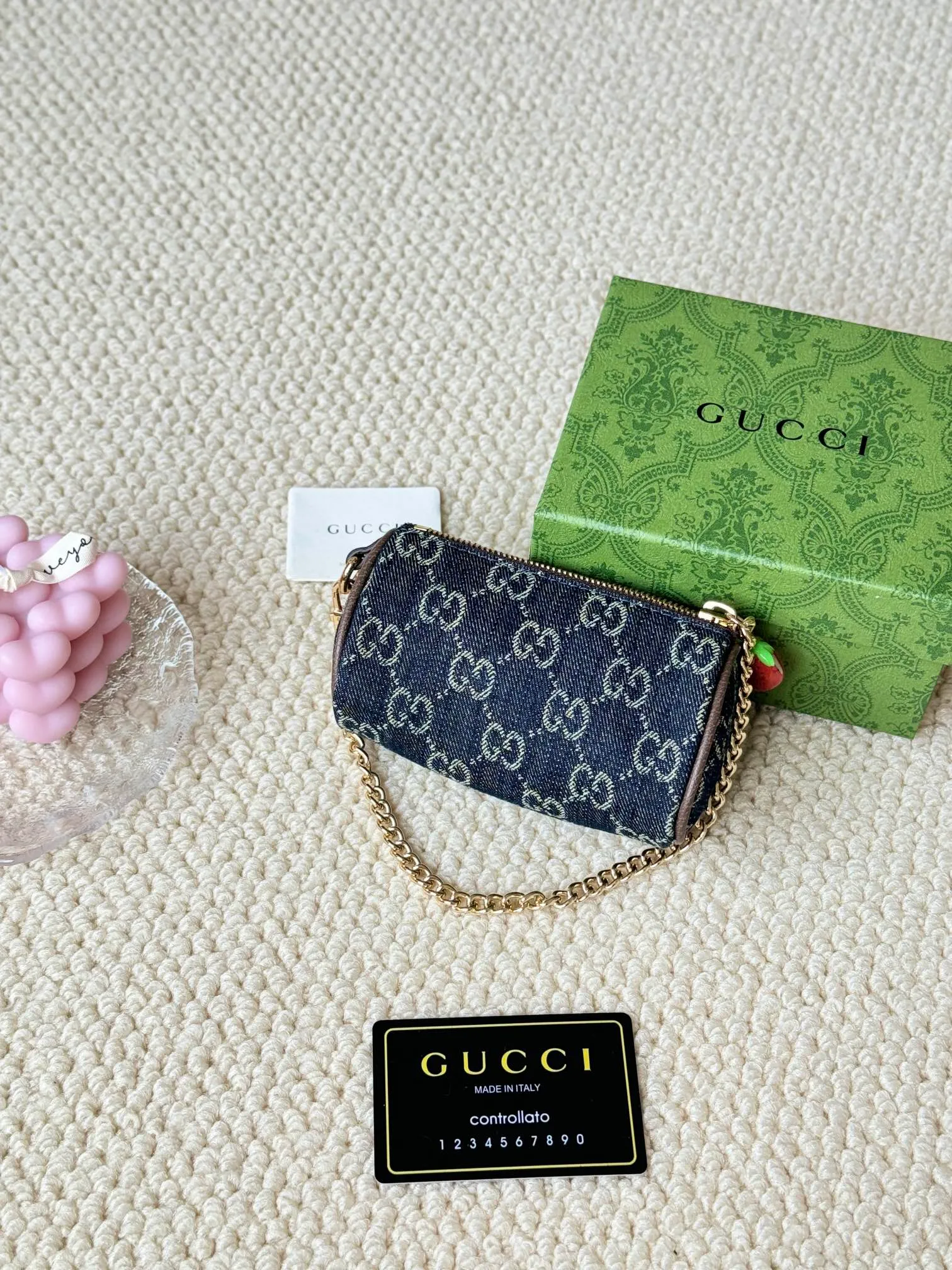 💰180 GUCCI/Gucci new women's beige/ebony canvas strawberry zipper coin purse