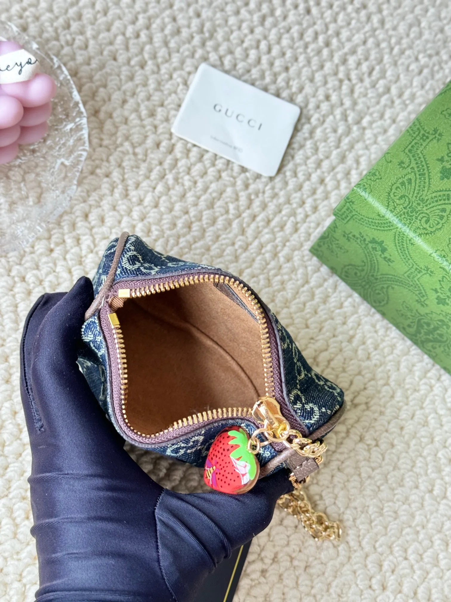 💰180 GUCCI/Gucci new women's beige/ebony canvas strawberry zipper coin purse