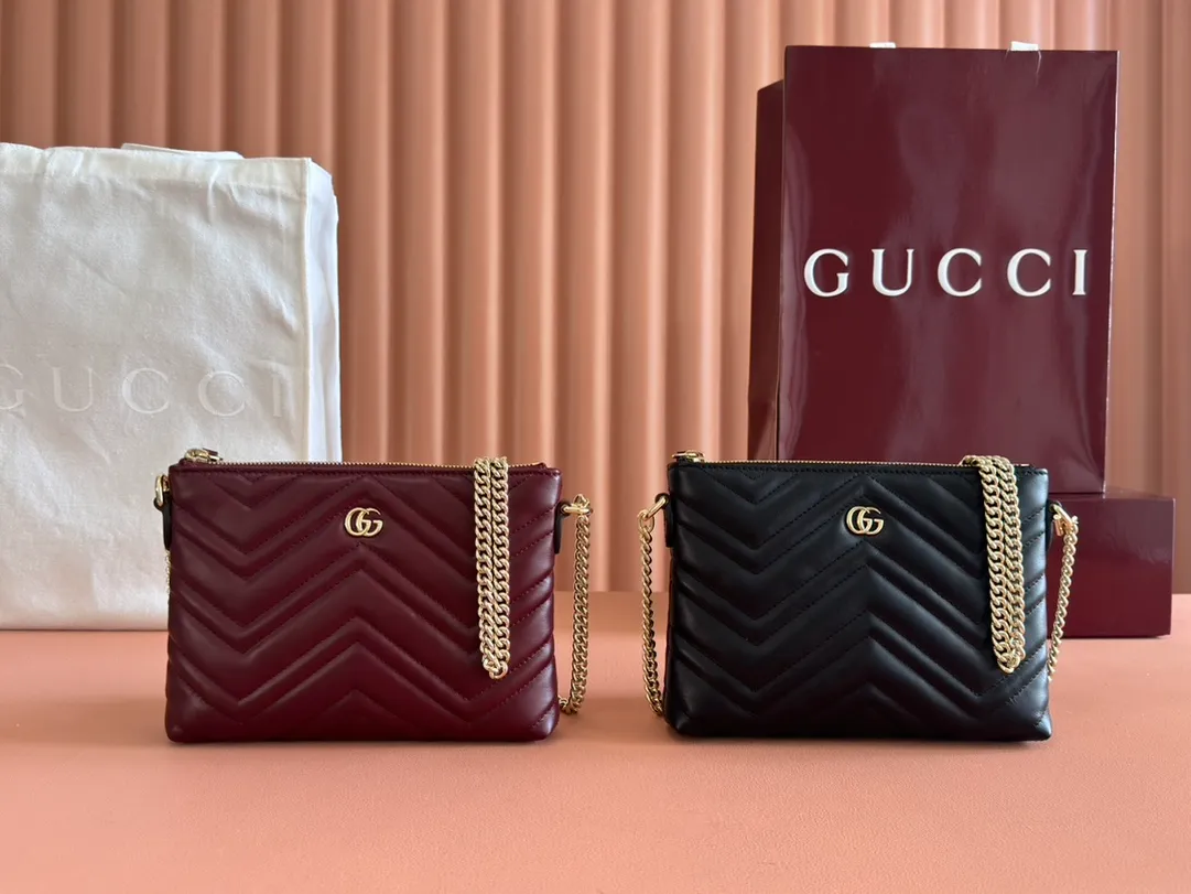 💋💋【New Product】GG Marmont series chain wallet, black, red/original leather shipped, 🐲Model: 837742. Combination short video