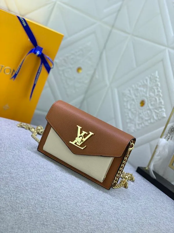 All Categories Official Website "Brand Women's Bags" Women's Bags 💙 LV This Mylockme Pochette chain bag is made of soft cow leather and continues the core elements of the Lockme series with an envelope-style flap, front pocket and LV letter hook. The trendy construction is suitable for storing mobile phones and other essentials, and the long chain allows for shoulder or cross-body wear. Detailed