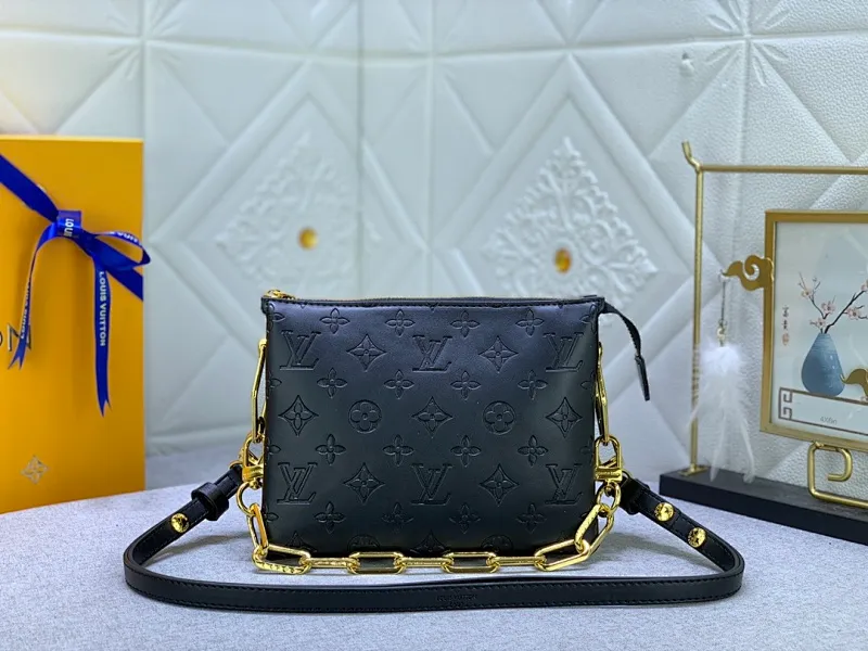 All categories Official website "Brand Women's Bags" Women's Bags 💙 LV Coussin BB handbags made a splash at the 2021 spring and summer fashion show. Monogram embossed puffy sheepskin creates a pillow-shaped structure that brings an edgy edge to a simple design. It can be worn cross-body using the shoulder strap or transformed into a chain baguette bag, or can be carried under the arm. Detailed features 20 x 16
