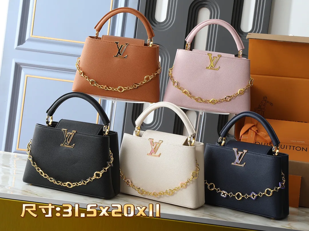 💰460💰Guangzhou goods Upgraded from the original M14381 M14970 M14393 M14972 M14971 This medium Capucines handbag comes from the Harmony series and explores the inspiration of the Monogram flower with a decorative chain. Taurillon cow leather creates an elegant structure, colorful resin outlines the LV letters, and the flip cover provides two styles: external or internal. The neat interior is equipped with multiple pockets, and the detachable and adjustable shoulder strap makes it easy to wear cross-body. Dimensions: 31.5 x 20.0 x 11.0 cm (length x height x width)