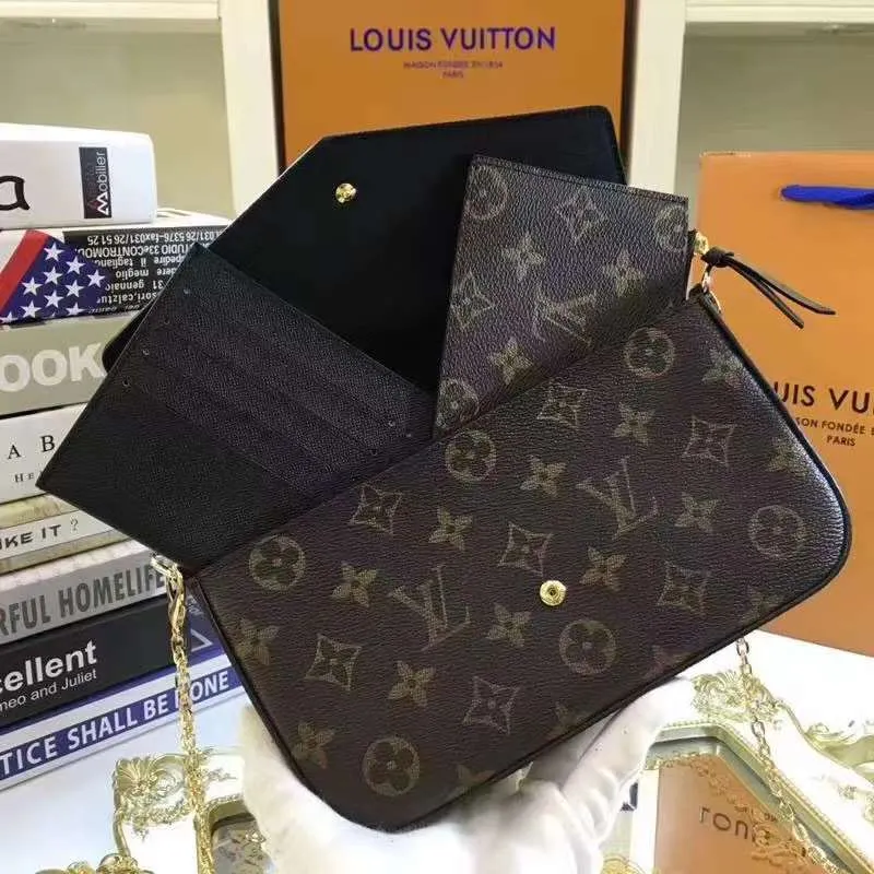P140 Model: 61276 Size 21/11/2 Introduction: The Louis vuitton Felicie three-piece handbag is elegant and luxurious. It contains two detachable pockets and is a fashionable choice for carrying and organizing your daily necessities. It is more than just a wallet, after removing the gold chain, it can also be used as a charming clutch or small handbag ""