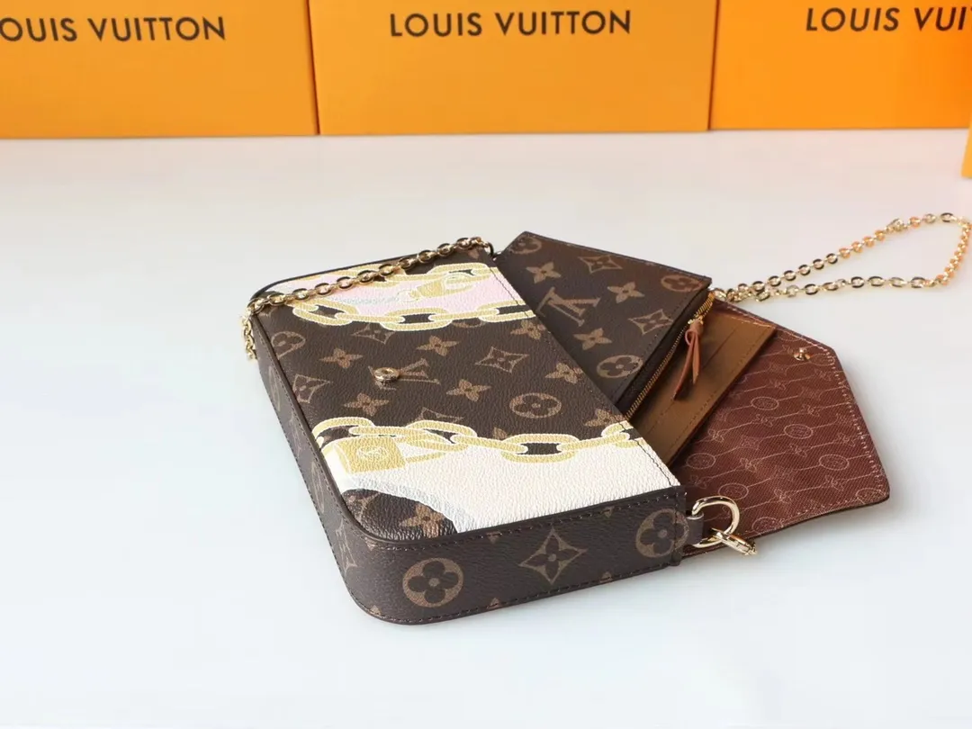 P170, M40466 Inspired by Louis Vuitton’s unique spirit of travel, the Pochette Félicie bag is crafted in Damier Azur canvas with bold graphic overlays. An ocean-inspired summer theme expressed in ropes and chains, in fresh, feminine colors that complement gold, making it a functional piece with a playful yet chic vibe. Size: 21*12*3cm