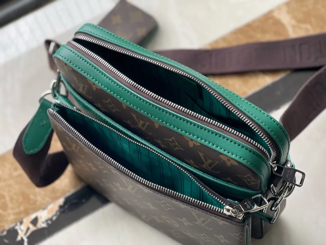💰800 Top Original Order M12766 This Trio messenger bag is made of Monogram Macassar coated canvas, and then uses bright cow leather to outline the edges and other details. The main compartment and removable zippered front pocket provide storage, and the removable small coin purse secures via the shoulder strap's D-ring. Dimensions: 25 × 18.5 × 7cm