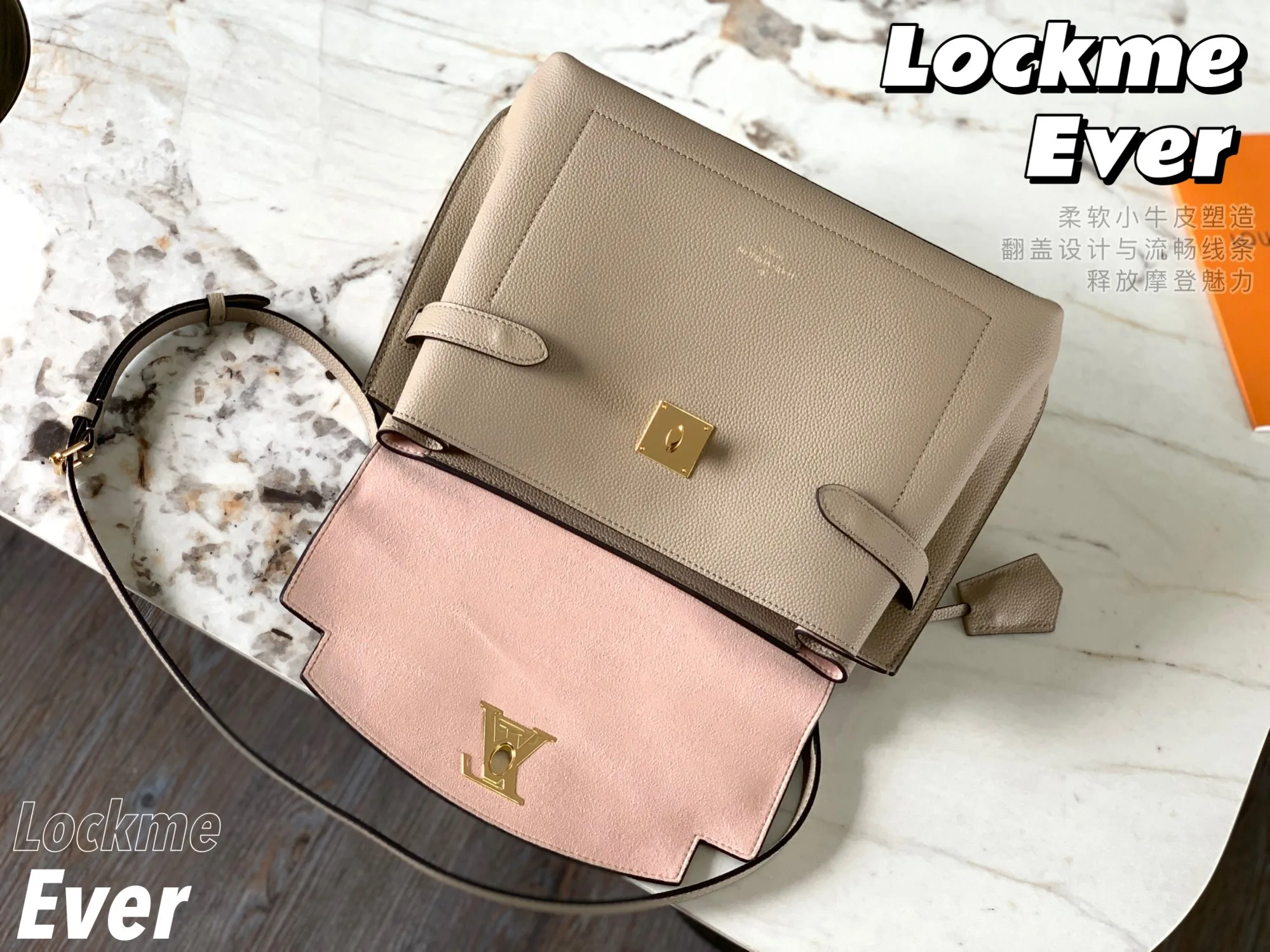 P1440 [Original Leather 💋M56094 Elephant Gray] Lockme Ever medium handbag is made of soft calfskin material, equipped with a single handle, fashionable appearance and distinct layers. The neat silhouette with top flap and spacious handbag add a fashionable and modern feel. Silver LV twist lock and leather shoulder strap, an elegant choice for everyday styling. Detailed size: 33.5*21.5*14.5cm
