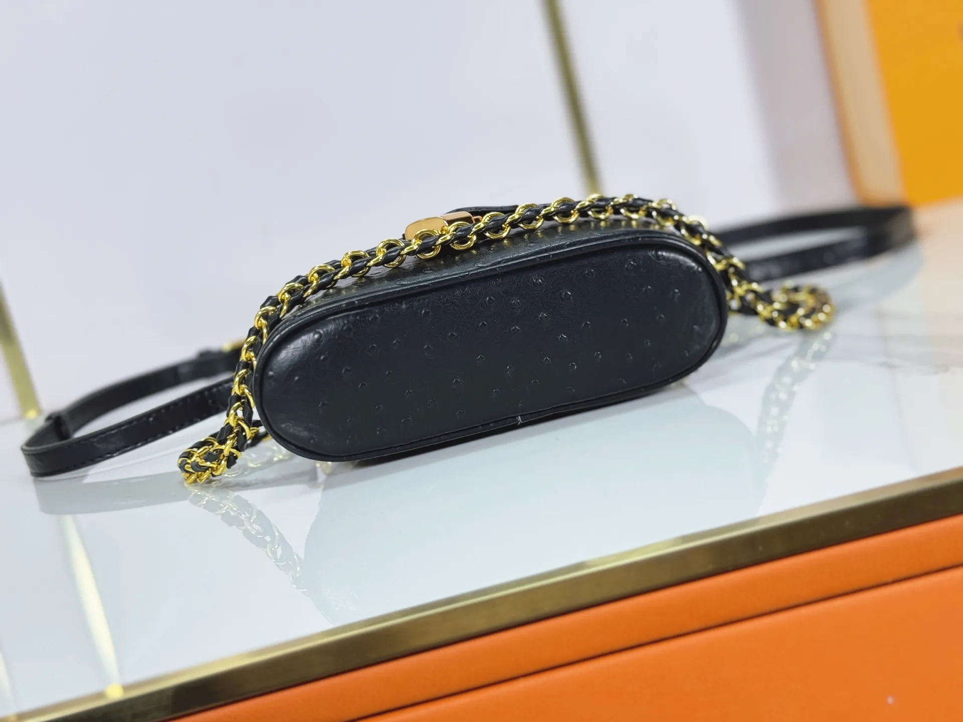 P240 M85911 M85820 M47125 Ostrich leather Vanity Chain Pouch cosmetic box chain bag is inspired by traditional cosmetic boxes and embodies the spirit of travel. This refined, slim bag is trimmed with goatskin trim on the top handle and features a removable braided chain. It is known for its rich collection of iconic details, including LV engraved padlocks and ostrich leather key bells. size：19x11x.5x6.5cm