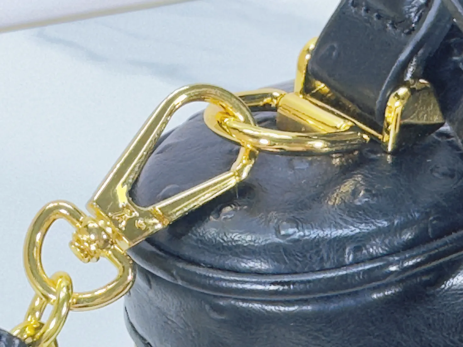 P240 M85911 M85820 M47125 Ostrich leather Vanity Chain Pouch cosmetic box chain bag is inspired by traditional cosmetic boxes and embodies the spirit of travel. This refined, slim bag is trimmed with goatskin trim on the top handle and features a removable braided chain. It is known for its rich collection of iconic details, including LV engraved padlocks and ostrich leather key bells. size：19x11x.5x6.5cm