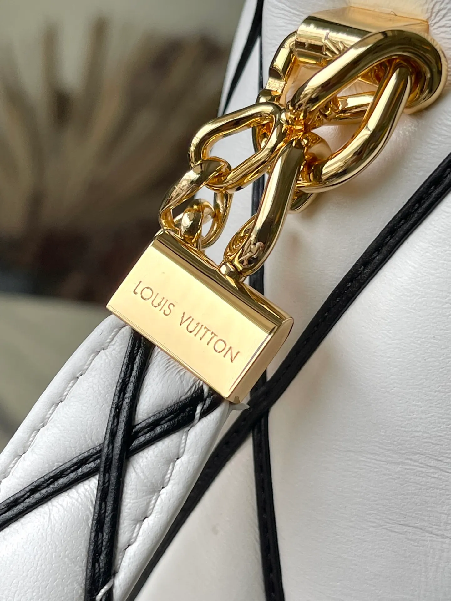 💰1460 (top layer leather) top quality original M23689 white GO-14 large handbag is made of spun and stitched sheepskin. It is opened with LV Twist twist lock and has an internal zipper pocket and a rear patch pocket with a mirror. The top handle and sliding chain are both detachable, enabling a variety of carrying methods. Dimensions: 31 × 19.5 × 11 cm