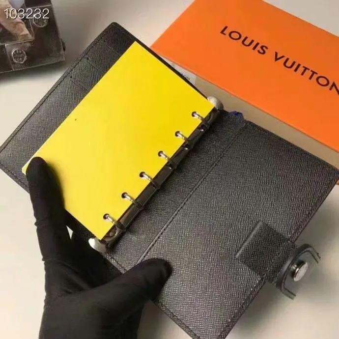 P140 Hot item shipped, model number M20005. This small notepad cover is made of Monogram canvas. It can hold three credit cards and can also be used as an address book, notebook or calendar. 10/12 cm (Length x Height) - Epi leather embossed with delicate LV initials and lined with interwoven textured leather - Button closure - Six-ring binder with three rings in sets, six credit card slots and two internal compartments - Notepad insert available separately