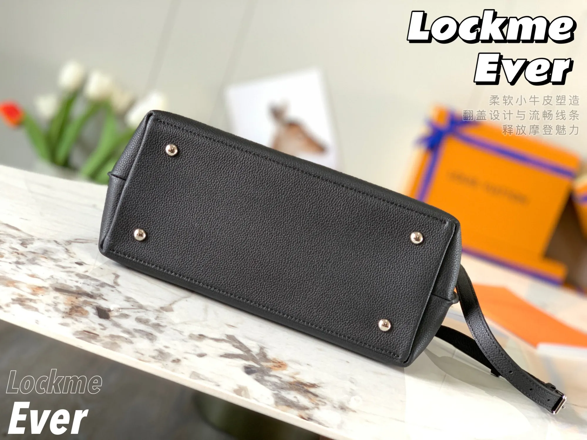 P1440 [Original leather 💋M51395 black] Lockme Ever medium handbag is made of soft calfskin material, equipped with a single handle, fashionable appearance and distinct layers. The neat silhouette with top flap and spacious handbag add a fashionable and modern feel. Silver LV twist lock and leather shoulder strap, an elegant choice for everyday styling. Detailed size: 33.5*21.5*14.5cm