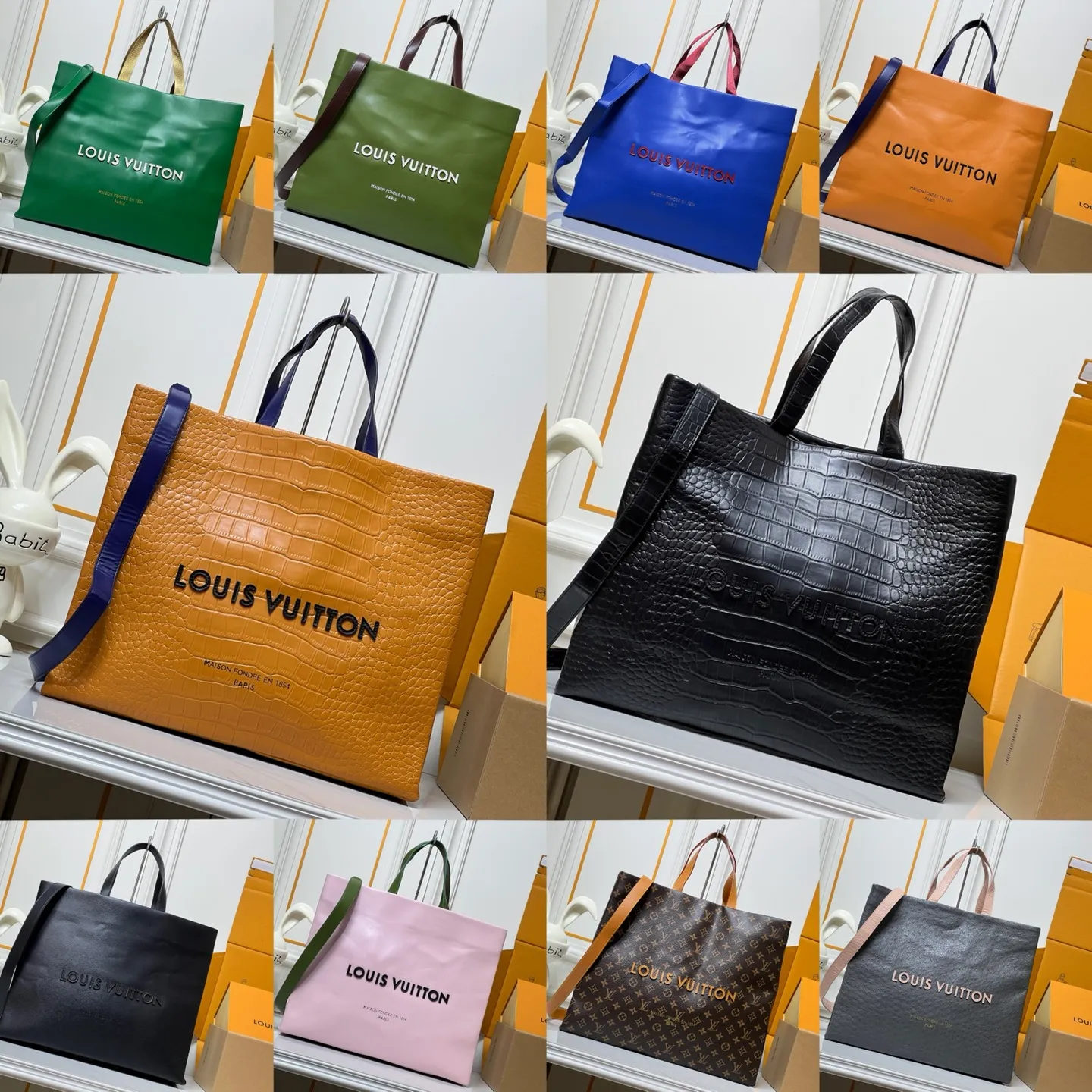 Batch 320💰M24457 Black Orange Blue Green Gray Presbyopic Plaid Black Crocodile Orange Crocodile Pattern 10 Colors ✔️ This Shopper medium handbag draws inspiration from Louis Vuitton shopping bags, with the words Louis Vuitton and Maison Fondée En 1854 written on soft cow leather, with a top handle and a detachable shoulder strap. Size: 40x32x16cm
