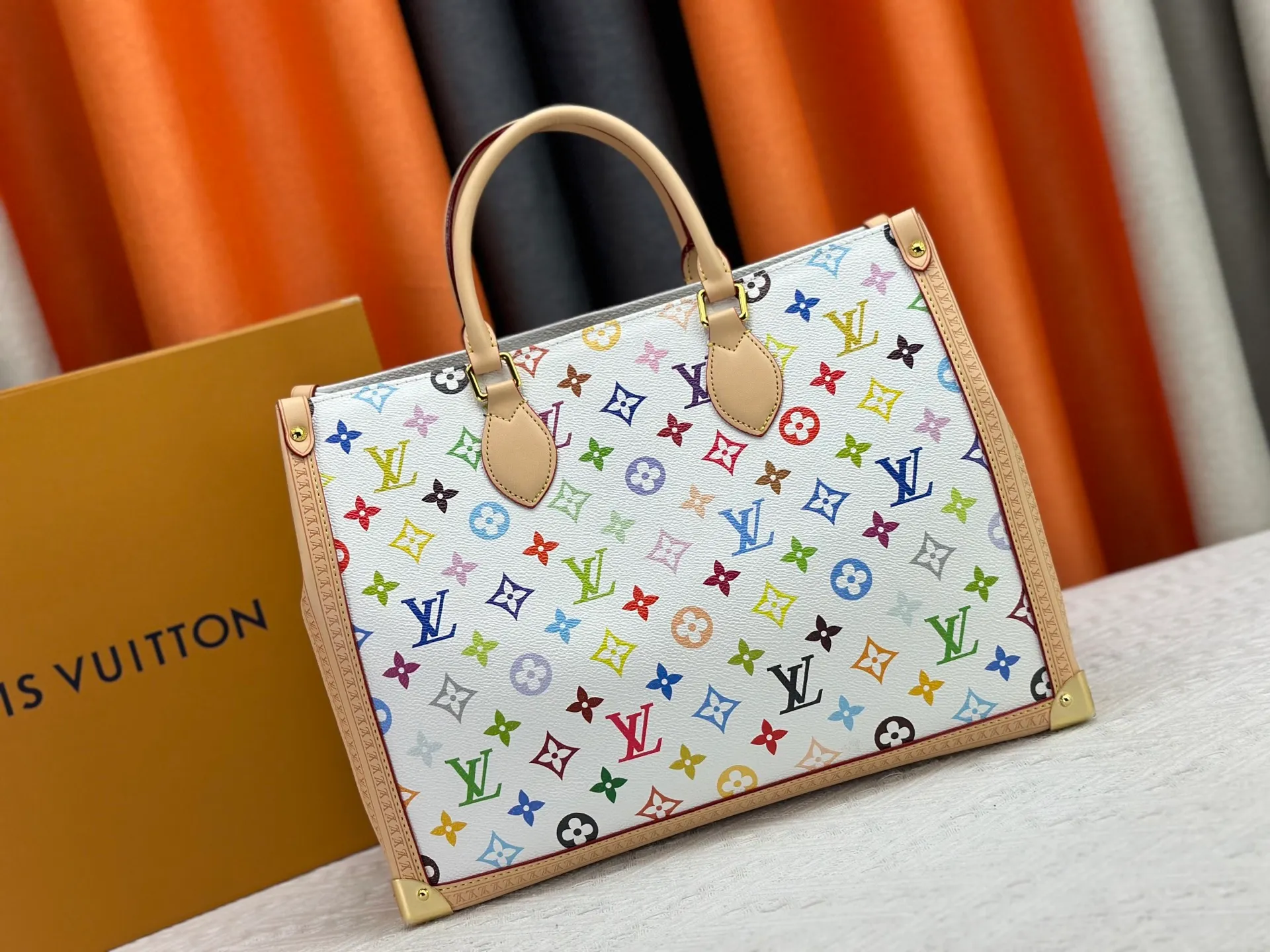 P340 M13079 New white three-color lv Louis Vuitton women's shoulder bag Murakami co-branded tote bag size 34