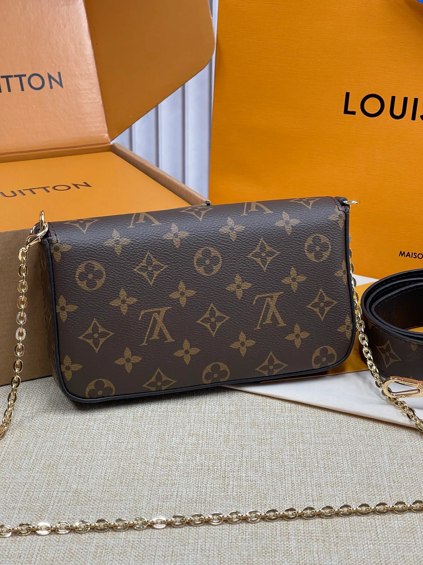 [Upgraded version] P380💰 Upgraded version with full package M61276 LV/Louis Vuitton new chain ⛓️ bag + ❣️ wide shoulder strap ❣️ new women's POCHETTE FÉLICIE detachable metal chain bag The design of this three-in-one chain bag is a big surprise. It can accommodate mobile phones, IDs, cash, keys, lipstick and other daily small items. The highlight is that the three colors inside are so cute and the price is quite beautiful. Powerful planting 🎁 Original size 21cm