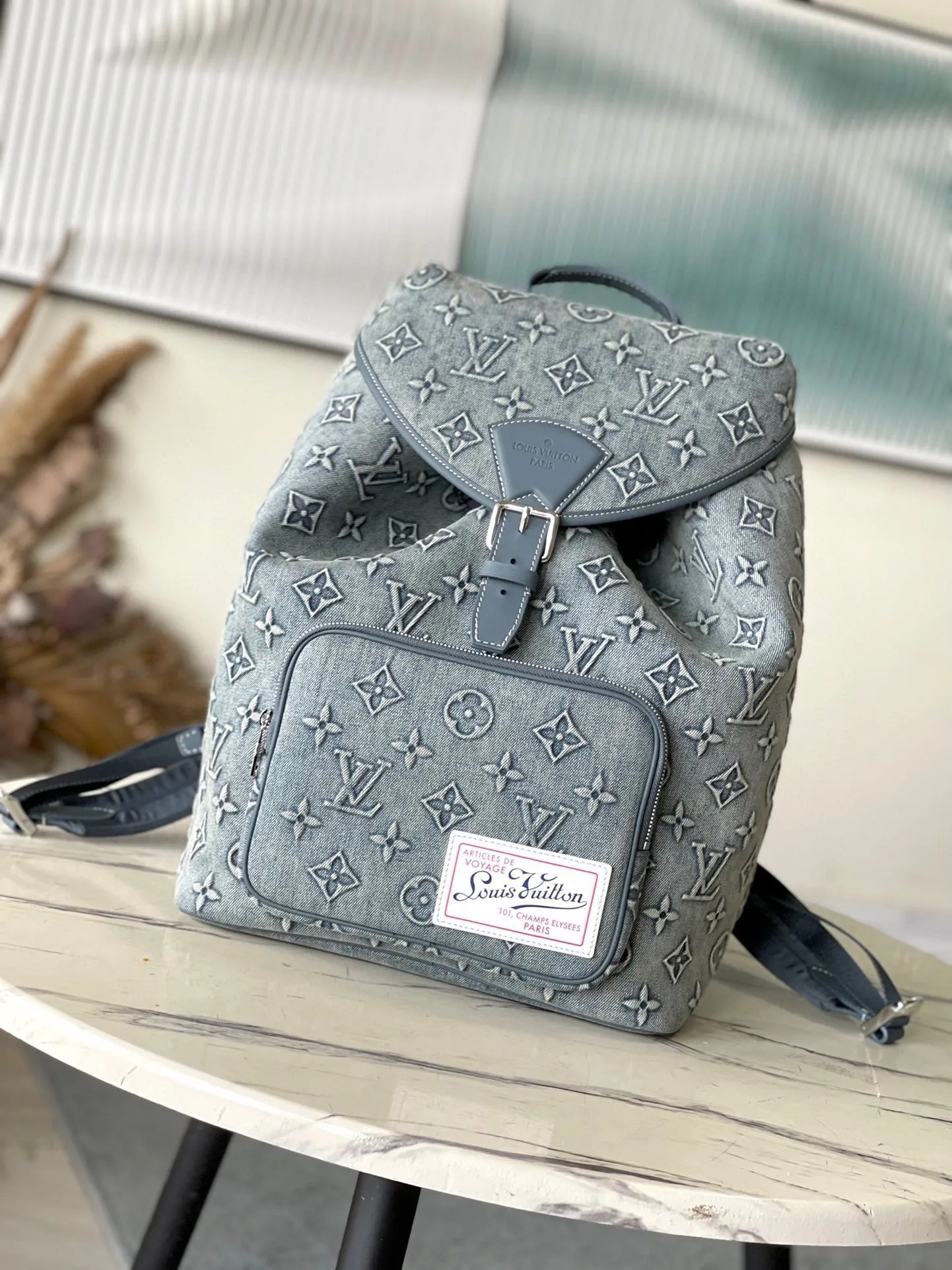 💰1500 Top Original M22534 Denim Latest Montsouris faded denim backpack, faded denim Monogram pattern embossed, embossed denim surface, drawstring gathering, retro label, retro personalized design! Size: 32*40*19cm
