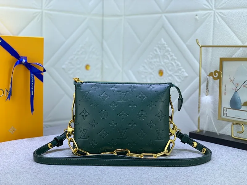 All categories Official website "Brand Women's Bags" Women's Bags 💙 LV Coussin BB handbags made a splash at the 2021 spring and summer fashion show. Monogram embossed puffy sheepskin creates a pillow-shaped structure that brings an edgy edge to a simple design. It can be worn cross-body using the shoulder strap or transformed into a chain baguette bag, or can be carried under the arm. Detailed features 20 x 16