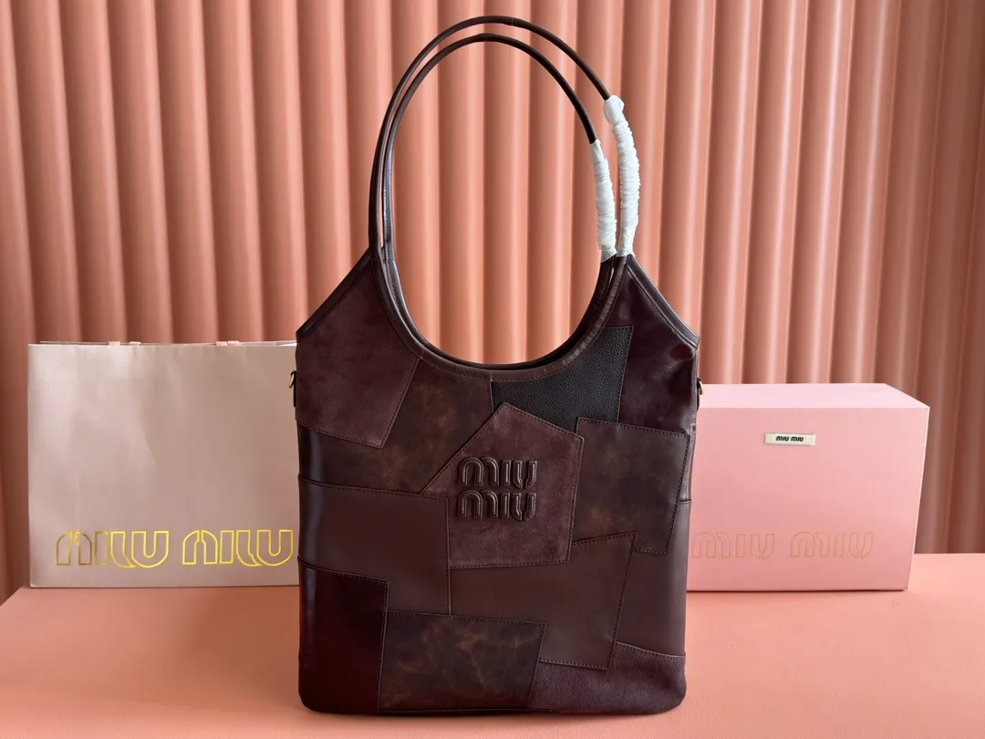 💋💋💋【New Style】Miu Women's IVY Tote Shoulder Bag, Brown, Heather Color Collage/Original Leather Shipped! 🐲Model: 5BG231, short video