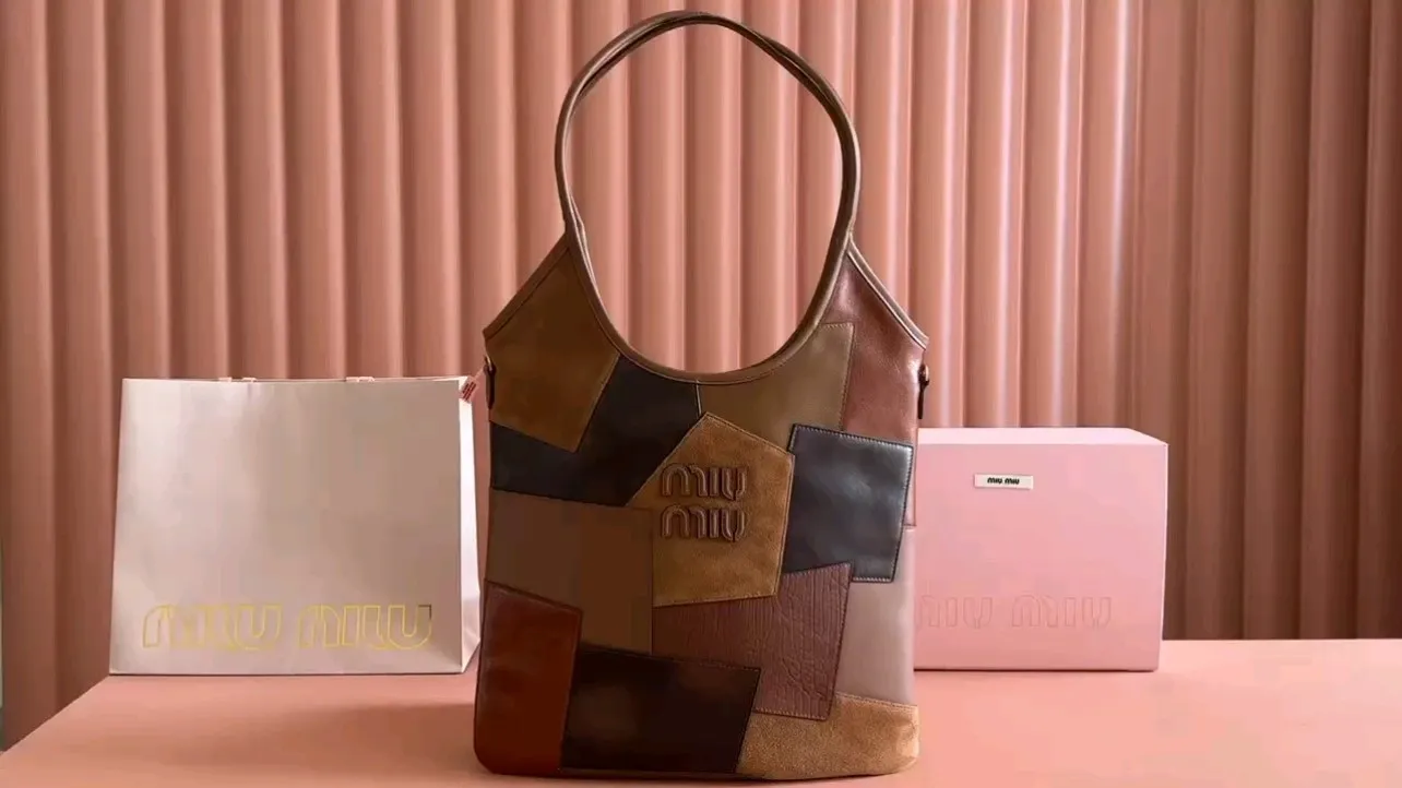 💋💋💋【New Style】Miu Women's IVY Tote Shoulder Bag, Brown, Heather Color Collage/Original Leather Shipped! 🐴Model: 5BG231, short video