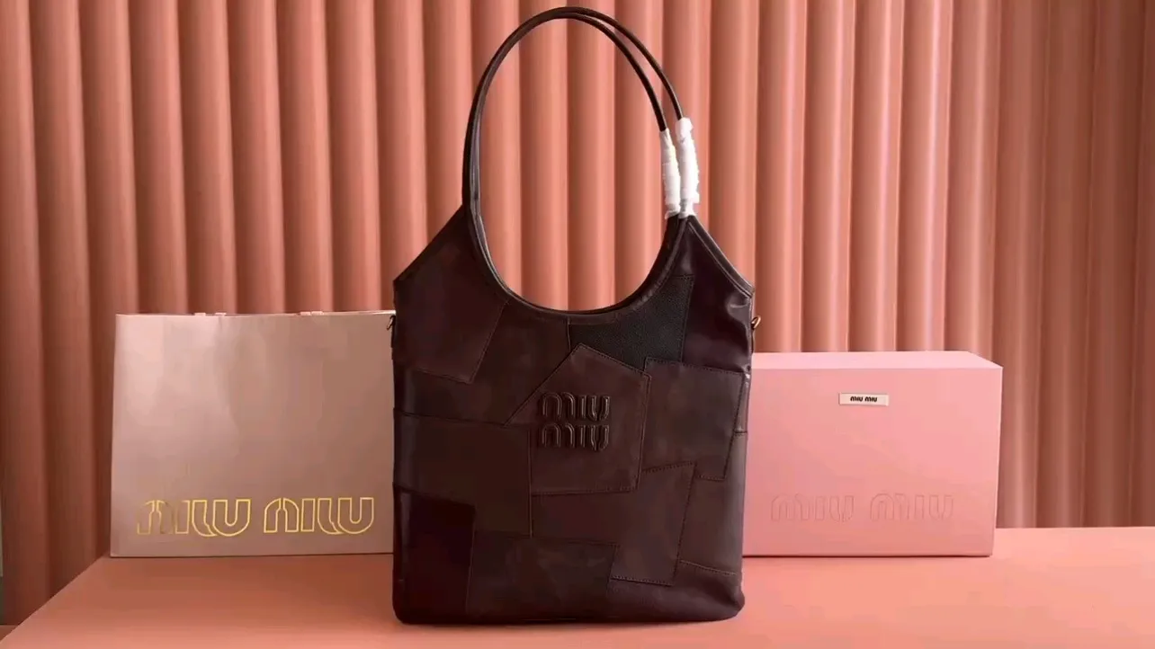 💋💋💋【New Style】Miu Women's IVY Tote Shoulder Bag, Brown, Heather Color Collage/Original Leather Shipped! 🐲Model: 5BG231, short video