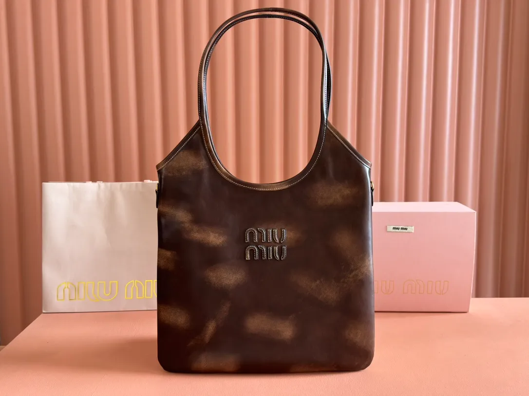 💋💋💋【New Style】Miu Women's IVY Cow Leather Tote Shoulder Bag, Brown/Original Leather Shipped! Horse model: 5BG231, short video