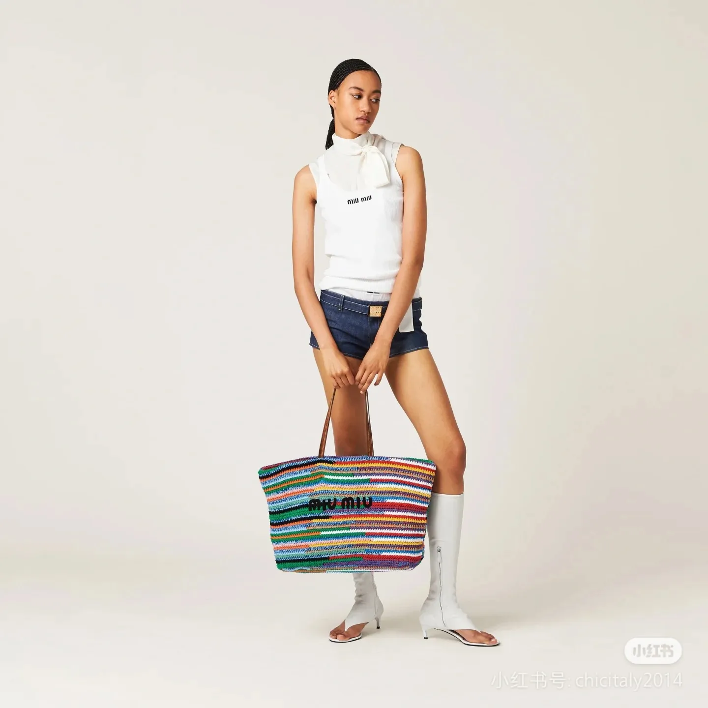 p1760💋💋💋【Full set of packaging at the counter】M Home 🍒5BG228, imported raffia straw and cotton thread woven rainbow tote bag, the only matching quality in the market, iconic MiuMiu embroidery on the front, cotton lining, ultra-light, large capacity, essential for travel, suitable for all seasons, super beautiful in kind, size: 40X34X16CM.