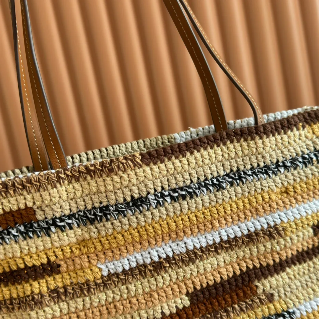 p1700💋💋💋【Full set of packaging at the counter】5BG248, super heavy-duty handmade rainbow woven bag, crocheted with multiple colors of cotton thread, hand-made is very complex, new front iconic Miu Miu embroidery, cotton lining, super light, super large capacity, small size vertical version is more adaptable, it is an excellent choice for work, commuting and traveling, suitable for all seasons, the real thing is super beautiful, size: 30X38CM