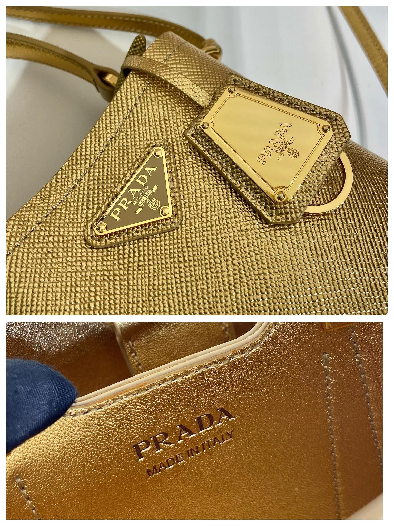 💰1700🎉New color bucket bag🎉1BA373 gold🎉🎉 This bucket bag handbag is made of Saffiano leather and has an elegant design. The detachable shoulder strap makes it easy to change the look as you like, metal hardware tag, magnetic buckle closure, and soft nappa leather lining. Large capacity space🎉🎉 length 15x height 16x bottom 9.5cm🎉🎉🎉🍊🍊🍊