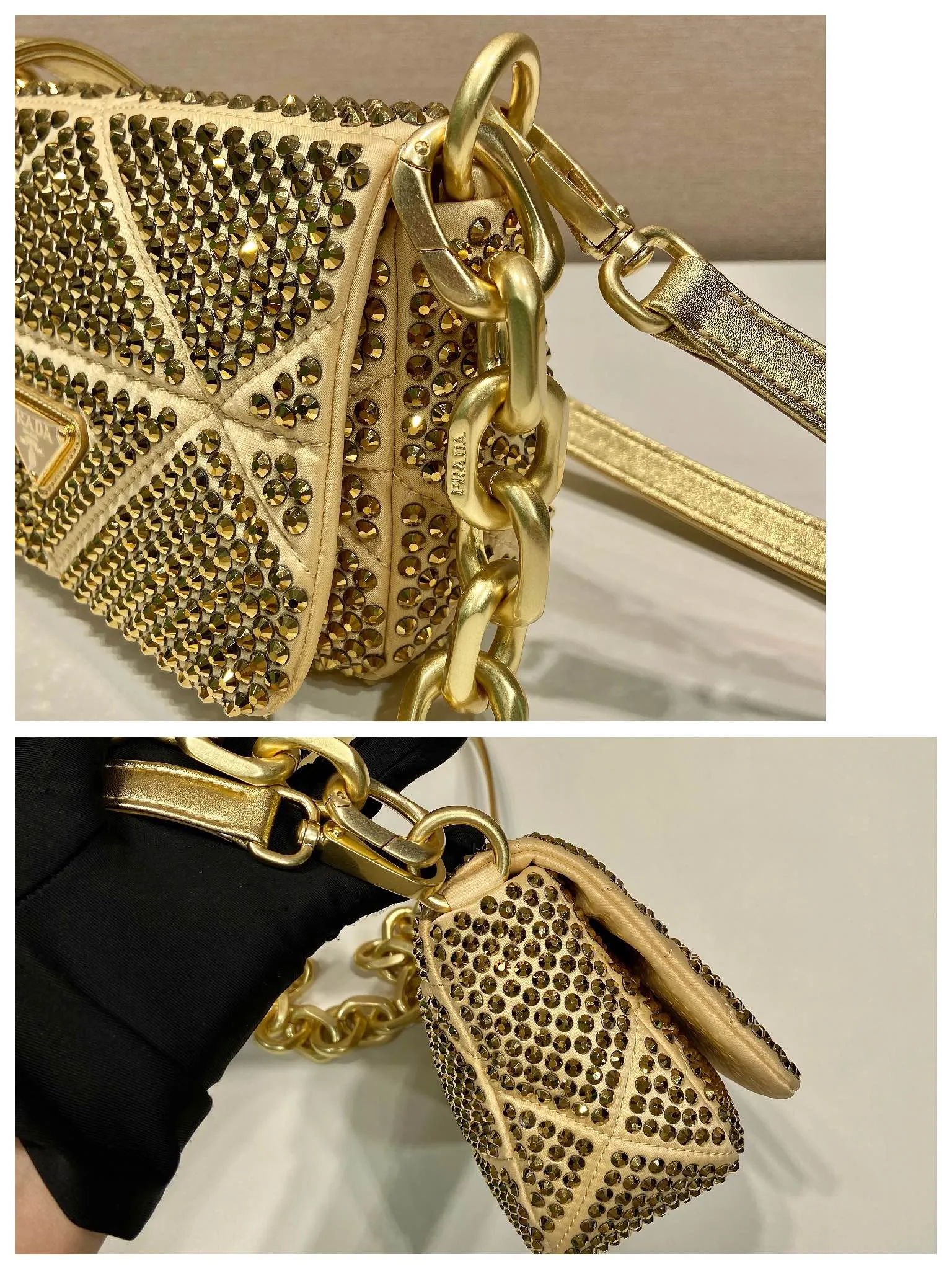 💰1700🎉New crystal bag🎉1BD329🎉🎉 This bag is made of full-body imitation crystal and hand-stitched, with a clamshell design, equipped with a detachable and adjustable nappa leather shoulder strap, and a detachable chain shoulder strap. It can be carried on the shoulder/handheld/crossbody/cross-body. It’s perfect😀The Blingbling effect is very attractive and can be matched. Another grass grown by internet celebrities, hurry up and get it, babies 🎉🎉 Length 17x Height 11.5 Base 6.5cm🎉🎉🎉💰💰💰