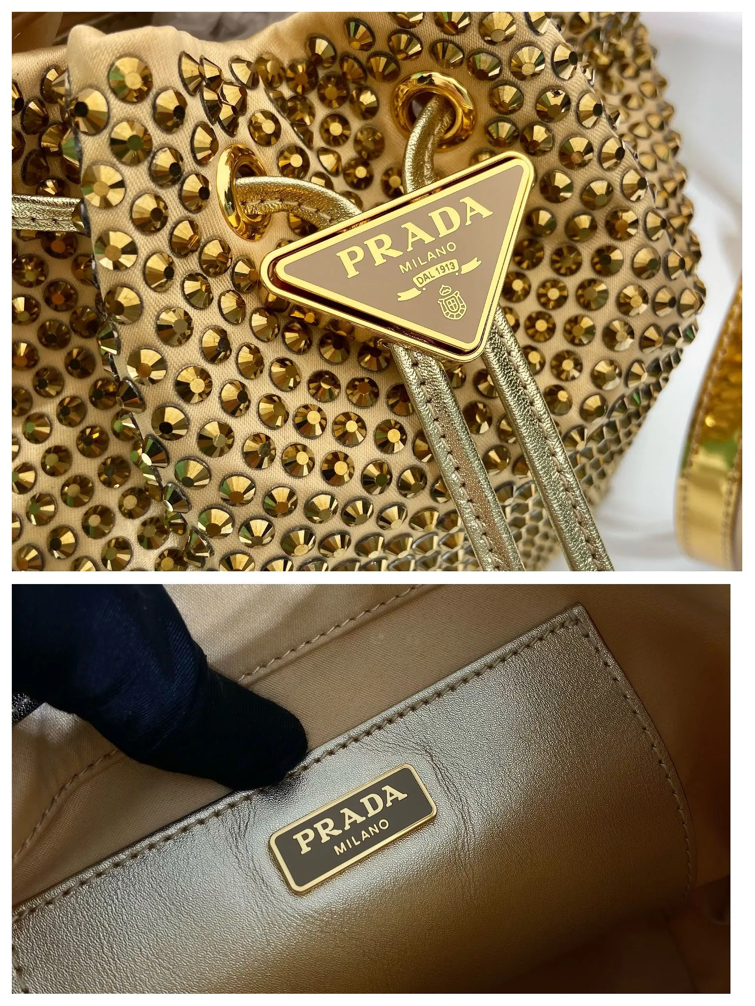 💰1260🎉Crystal Bucket Bag🎉1BE067🎉🎉 This crystal bucket is made of a combination of imported imitation crystal and satin materials, with an enamel-coated metal triangle logo decorative opening and closing design. The short shoulder strap is adjustable in length, and the long shoulder strap is detachable and adjustable. So cute😍, the effect of bling bling is very eye-catching, easy to create a large space🎉🎉Cute and cool, don’t you feel excited😙😙, beauties. Get it now. So beautiful, so in love😋😋 Length 16x height 21 bottom 10cm🎉🎉🎉👏👏👏
