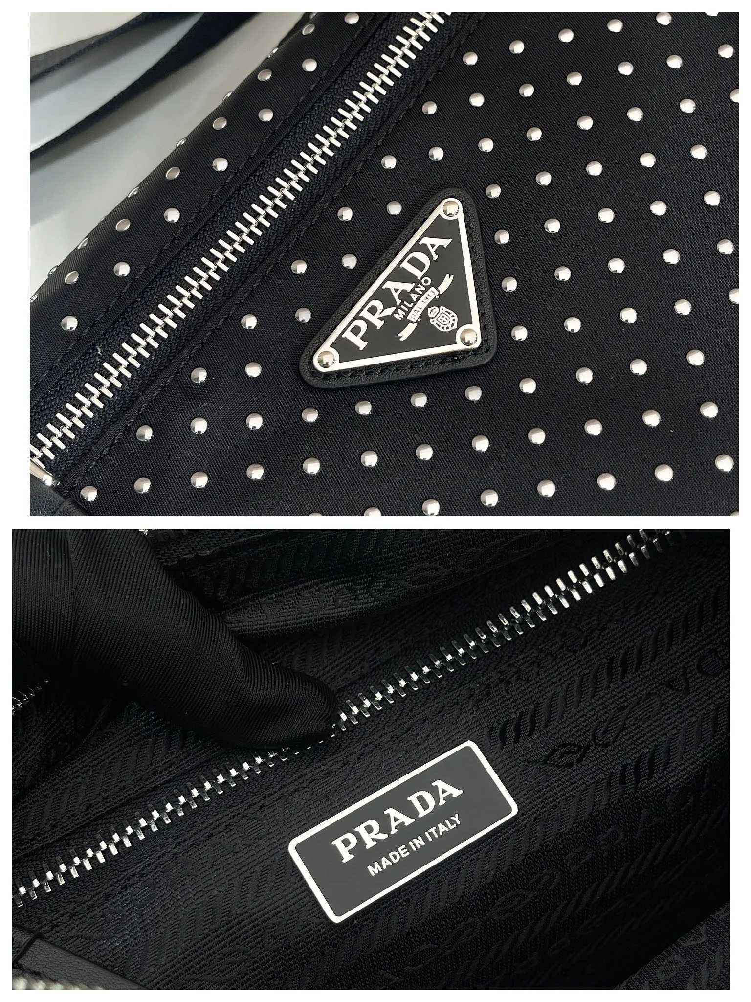 💰1320🎉New product🎉1BC236 rivet🎉🎉 This messenger bag is made of imported nylon fabric and calfskin. The new design is hand-heated with rivets. It looks particularly unique and fashionable. It has 2 pockets on the side, zipper pocket opening and front panel. It has large capacity and can be worn on one shoulder or crossbody. If you like babies, hurry up and get it. It is fashionable and unique/100% return rate😘😘 Bottom length 26/longest 33x height 17x bottom 9cm🎉🎉🎉💰💰💰