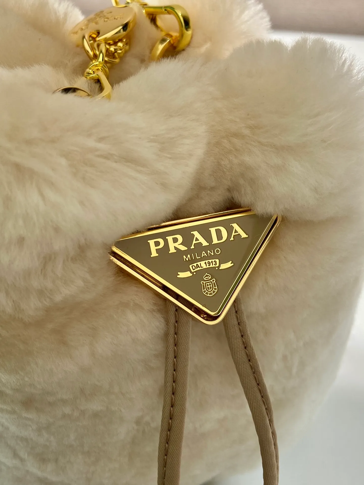 💰960🎉Mini mini bucket bag🎉1NR016🎉 This small bag is equipped with soft shearling, showing modern elegance and full of winter charm. It has a chain shoulder strap and a drawstring top decorated with an enameled metal triangle logo. The upper body effect is fashionable and cute, and it is also a popular style recognized by Internet celebrities🎉A must-have for winter, get it now🎉🎉 Length 9x Height 9.5x Bottom 6cm🎉🎉🎉👏👏👏