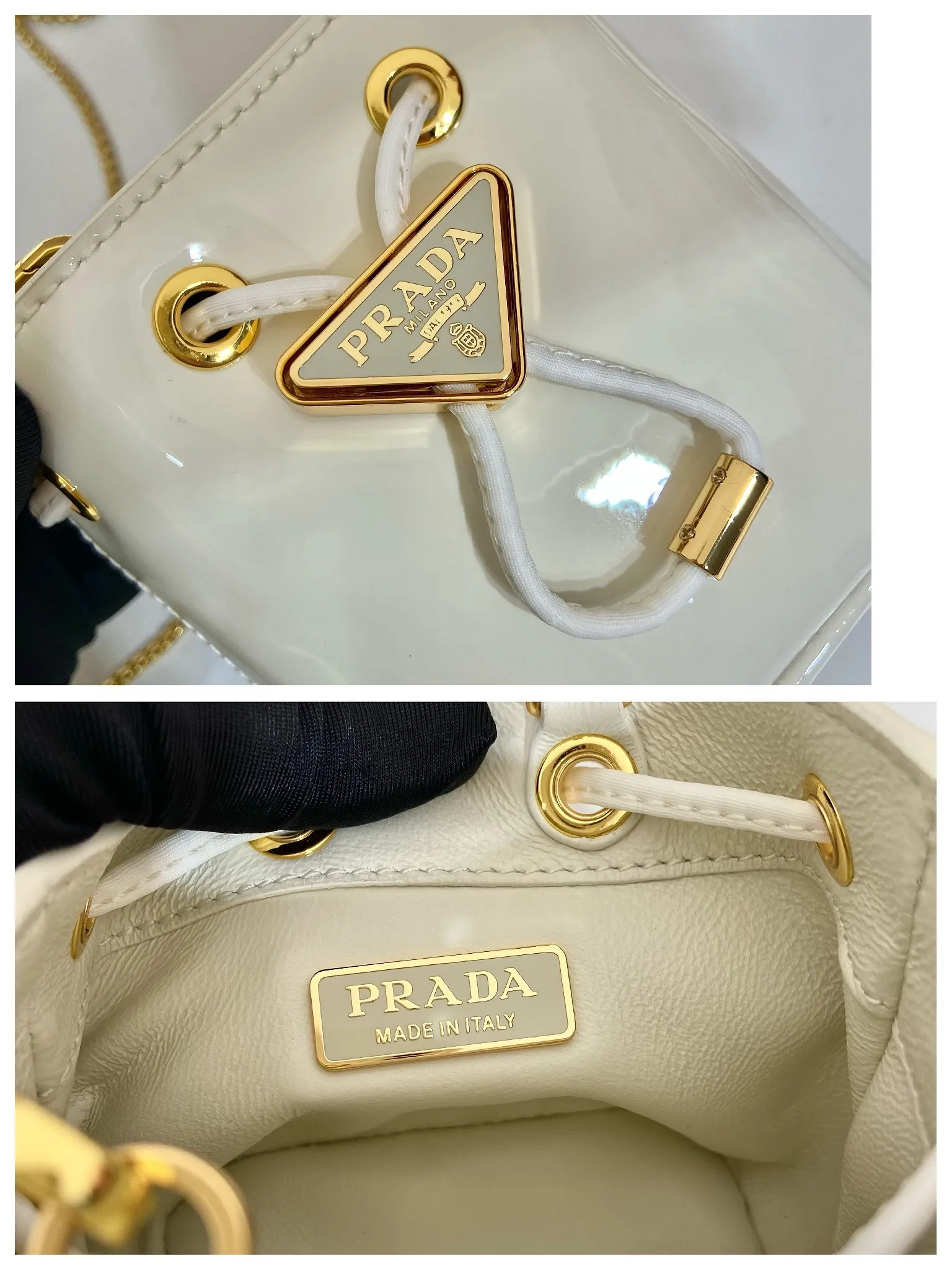 💰960🎉Patent leather bucket🎉1NR016 calfskin new color🎉🎉 This patent leather bucket is made of imported glossy cowhide and enamel-coated metal triangle logo decorated opening and closing design. Metal iron can be spanned diagonally. So cute😍, the effect is very eye-catching, so cute and cool, don’t you feel moved😙😙, beauties. Get it now. So beautiful and cute😋😋 Length 10x height 12x base 7cm🎉🎉🎉👏👏👏