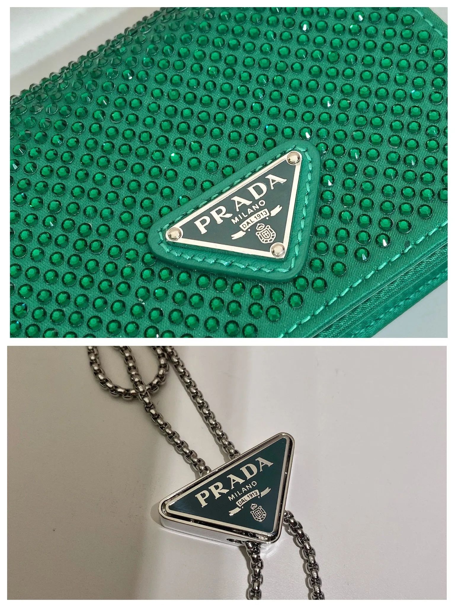 💰760🎉Necklace crystal pouch🎉1MR024 new color🎉🎉 This Duchesse fabric card holder is decorated with imitation crystals throughout, creating a light and shadow style and iridescent colors on the surface, highlighting a gorgeous yet functional design. My favorite is this detachable and adjustable iron shoulder strap, which can be used as a waist bag decoration😍😍 or as a necklace decoration with clothes. The triangle mark in the middle can be adjusted, giving the item a variety of ways to wear it. The space can be used to hold lipstick 💄/earphones/keys🚗....it bling bling under the night light, so beautiful. Worth buying 🎉🎉 Length 11.5x Height 8cm