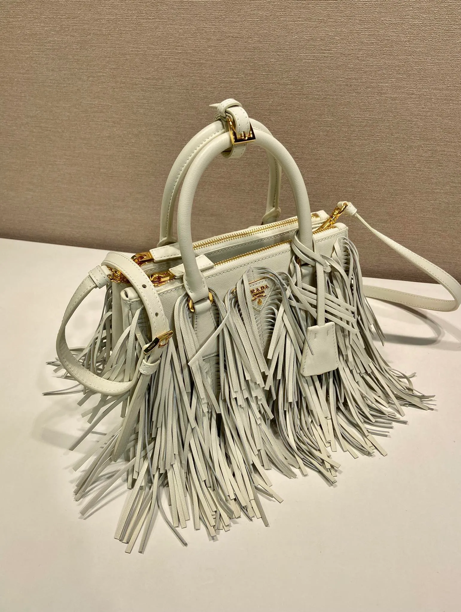 💰2200🎉New tassel bag🎉1BA896 calf leather🎉🎉 This Galleria handbag has an elegant and timeless design, reinterpreting the classic style with a slender silhouette and calf leather material. The tassel design on the front and back and the imported sheepskin lining highlight the dynamic and fashionable style. Features detachable and adjustable suede leather shoulder strap. So beautiful and fashionable😘😘The upper body effect has a 100% chance of turning heads. It is another popular style that will never go out of style🎉🎉Hurry up and get it now😘😘It’s really pretty😘😘😘 Length 24.5x height 18.5x base 11cm🎉🎉🎉💰💰💰