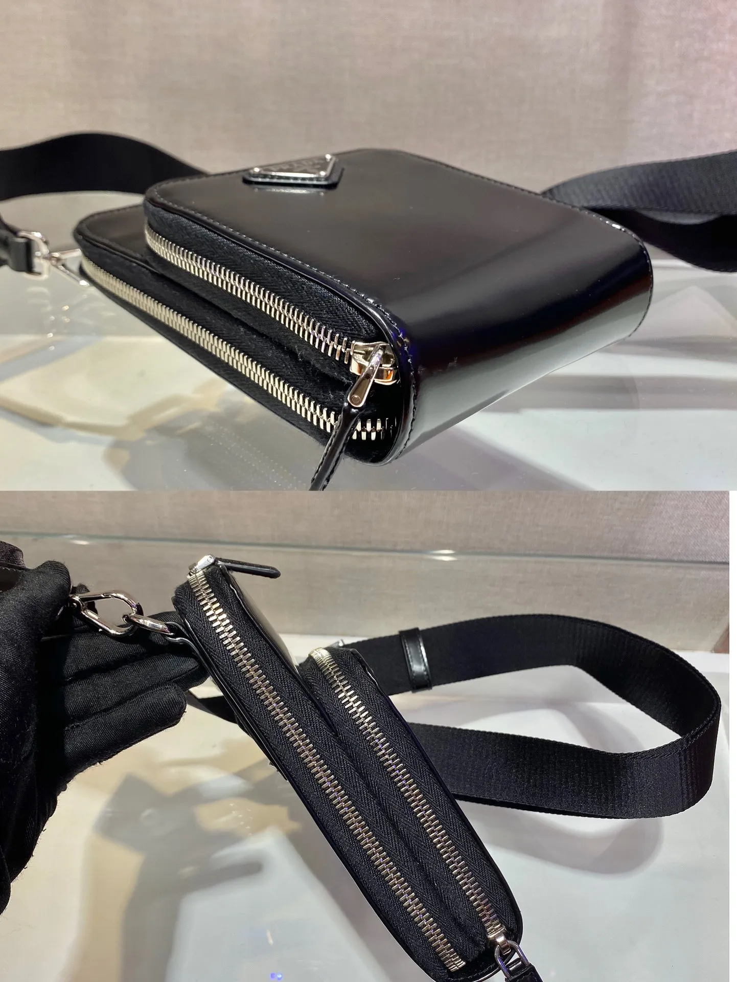 💰1020🎉New mobile phone bag🎉2ZH126 glossy This mobile phone bag is made of glossy leather and equipped with a detachable woven nylon shoulder strap. Retro glossy leather has always been favored by the luxury world. It has been the brand's iconic material since it was adopted by P. It has zipper closure and three card slots in the front pocket. The upper body effect is super cool😎. It is suitable for both men and women. It is worth owning. Get it now👏👏 Length 12x height 18 bottom 4cm🎉🎉🎉👏👏👏