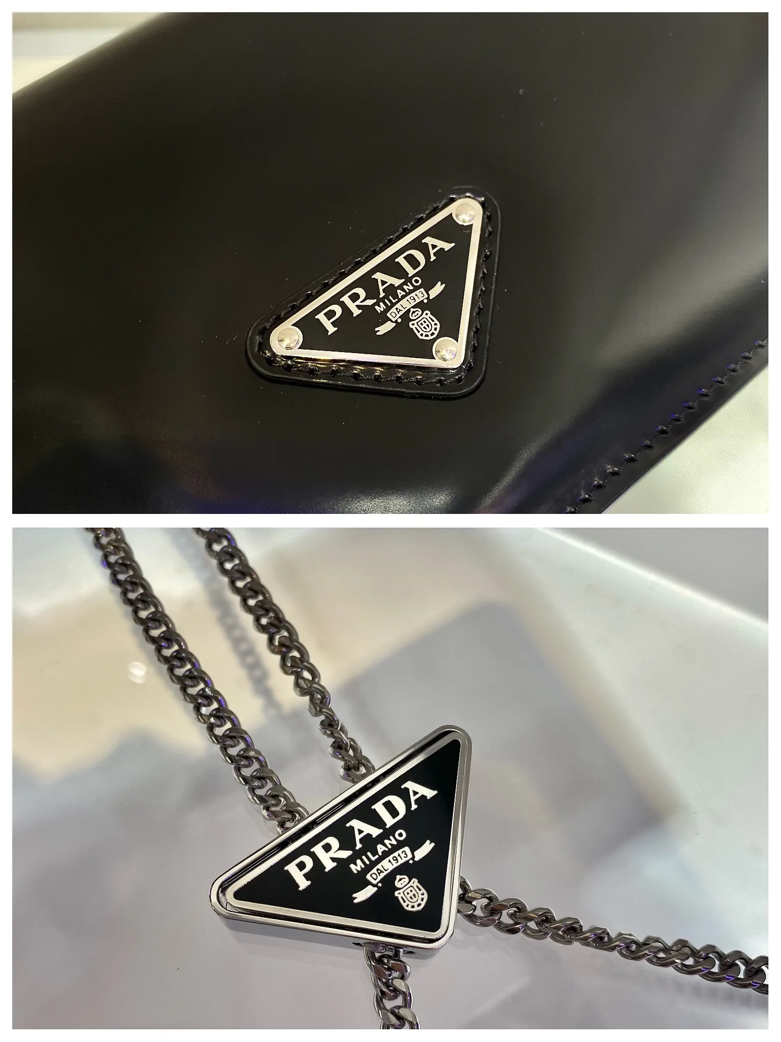 💰1300🎉New necklace bag🎉1BD307🎉🎉 This shoulder bag is made of traditional shiny leather, creating a simple silhouette, with a full sheepskin interior👏 adding a touch of exquisite texture. The iconic triangle logo originally adorned Mario's design. I love this detachable and adjustable chain shoulder strap (110cm long), which can also be used as a necklace decoration with clothes. The triangle mark in the middle is adjustable😘😘It’s so beautiful😘😘One pack can be used for two purposes👏👏Hurry up and get it🎉🎉 Length 19x Height 10.5x Bottom 3.5cm