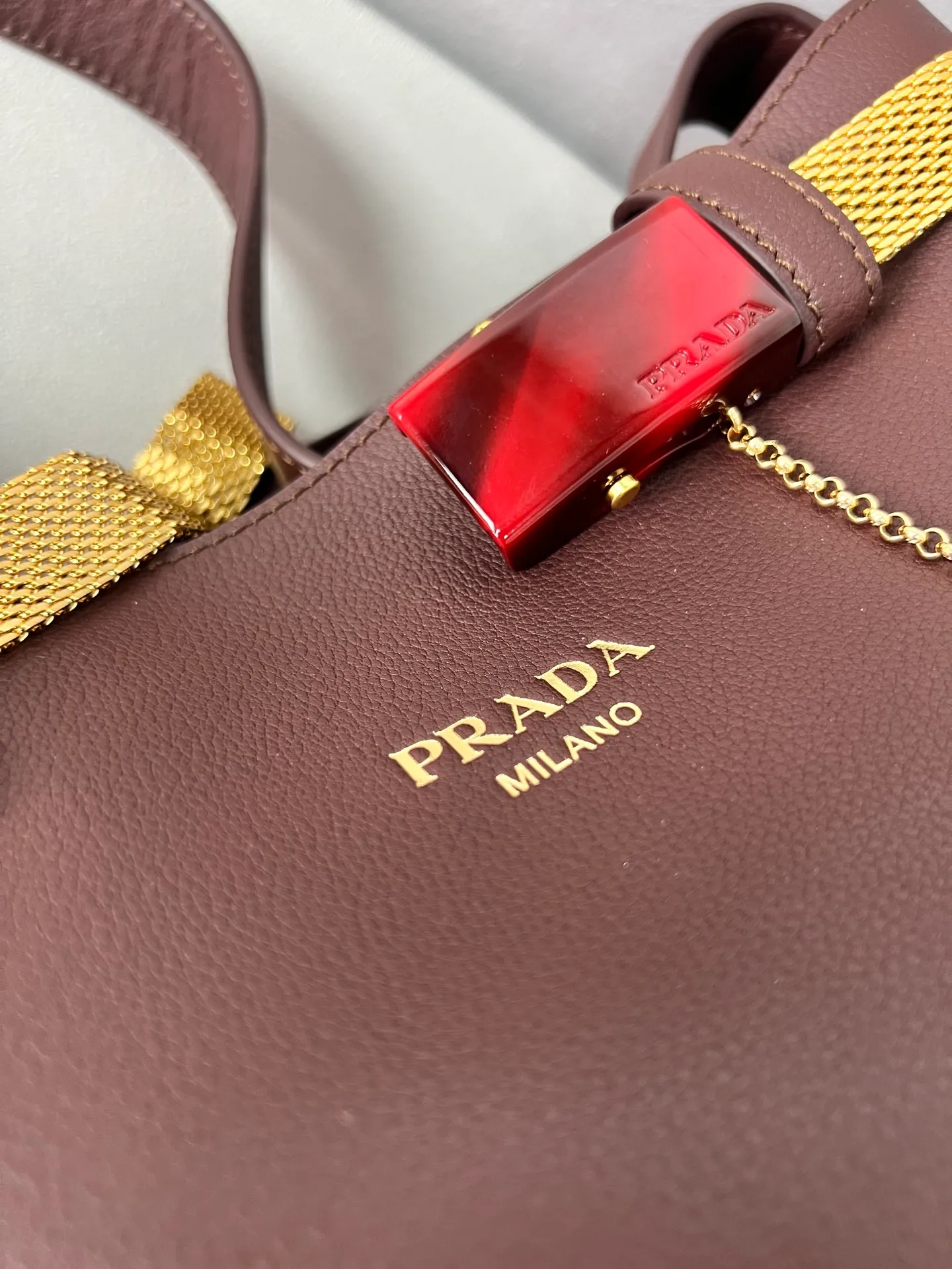 💰1700✨New product launch✨2025 spring and summer new product Buckle bucket bag 1BE085 inherits the classic bucket bag shape. The newly designed leather belt has a unique style that makes the bag infinitely dynamic. It is made of chic and noble calfskin. The bag is decorated with metallic mesh design. It is equipped with tortoise shell panel buckle. Elegant and simple bag body design is decorated with unique hardware decoration, showing a refined and elegant aesthetic style. Equipped with an adjustable hand strap, perfect details comparable to brick cabinets, super awesome 5🌟 size: 29*26.5*18cm, heather wood color