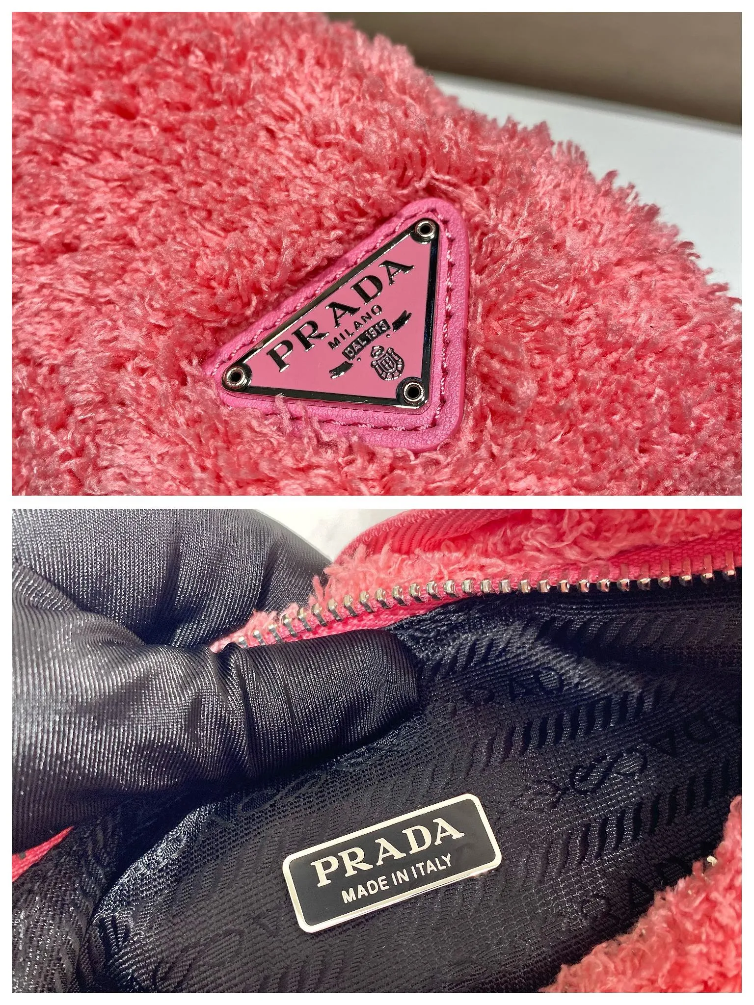 💰960🎉Plush Hobo🎉1NE515 This Re-Edition 2000 soft terry fabric mini handbag exudes summer style. Smart color contrasts meet interesting design styles, reinterpreting the traditional style of the P family and giving it a completely new look. An embroidered lettering logo adorns the front, showcasing the brand's signature elements. The upper body effect is very cool😎, hurry up and get it🎉🎉 Length 22x Height 17x Bottom 6cm