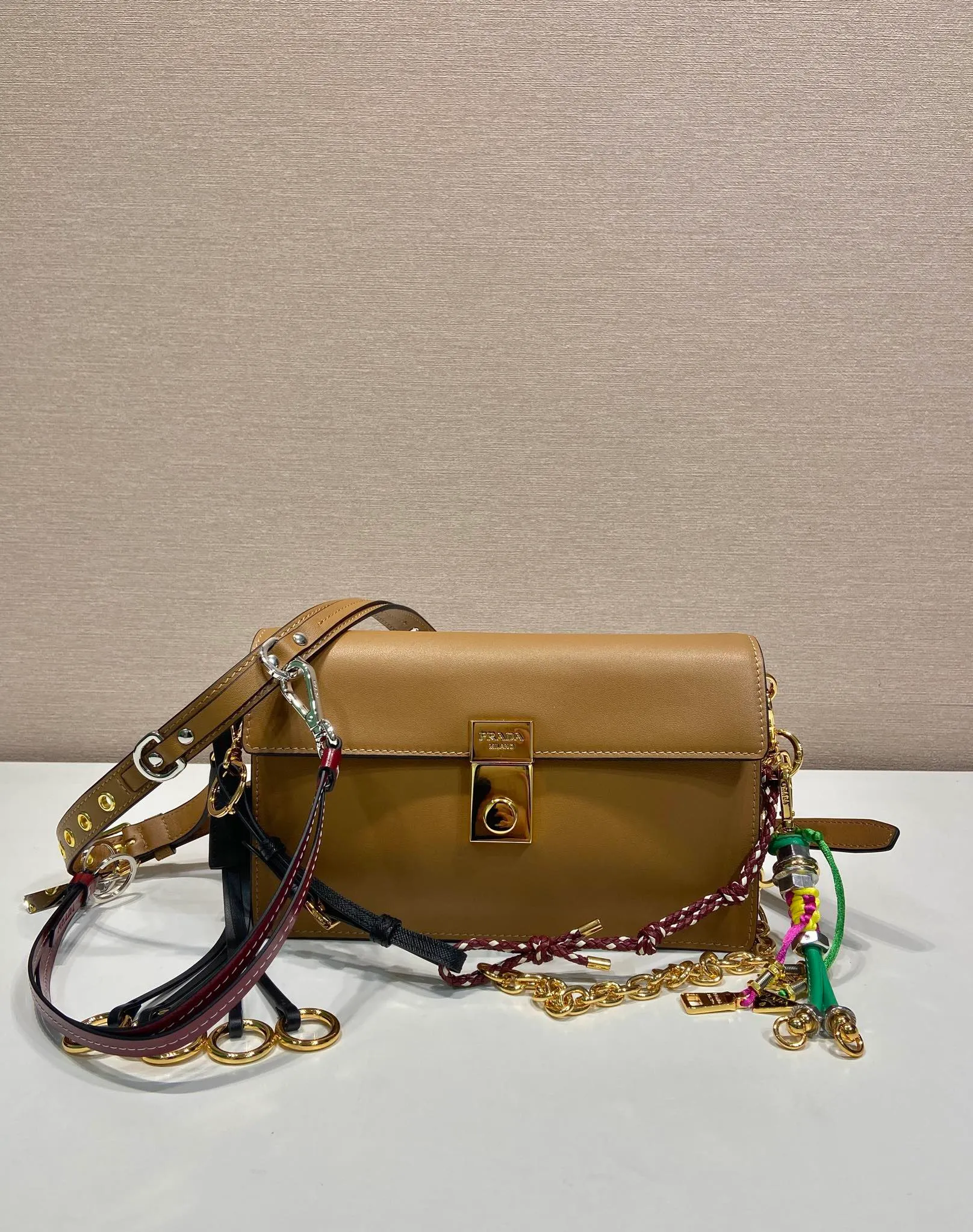 💰1700🎉New product🎉1BD379 small size🎉🎉New color This new Soft Sound handbag is made of soft leather inside/outside, with ample space, chic and versatile. One-shoulder style with two compartments and gold-tone hardware. What I love the most is the detachable pendant as the finishing touch😘to show the diverse and fashionable style. The upper body effect is so classy, ​​I love it😘, it’s another popular model for internet celebrities, babies, hurry up and get it🎉🎉 Length 24 height 13.5x bottom 6cm🎉🎉🎉👏👏👏