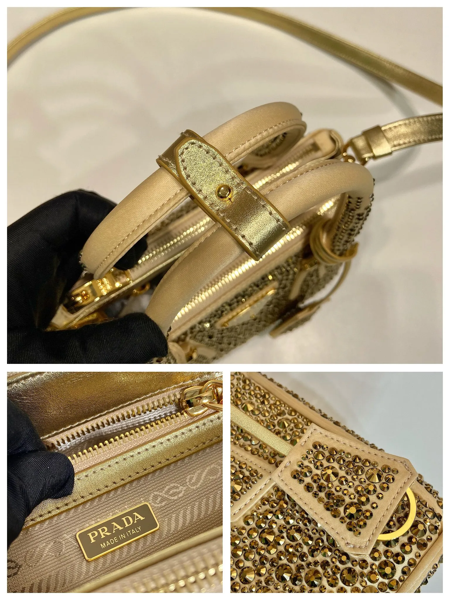 💰1700🎉Crystal killer bag🎉1BA906🎉🎉 This crystal killer bag is made of a combination of imported imitation crystal and satin materials, with an enamel-coated metal triangle logo decorated with a double zipper pocket design. The top handle and long shoulder strap are removable and adjustable. So cute😍, the effect of bling bling is very eye-catching, easy to create a large space🎉🎉Cute and cool, don’t you feel excited😙😙, beauties. Get it now. So beautiful, so in love😋😋 Length 20x height 15x9.5cm🎉🎉🎉👏👏👏
