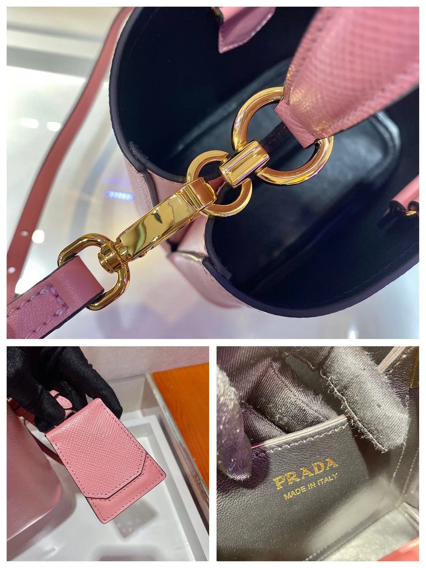 💰1700🔆Exclusive first launch🔆1BA217 mini size new color💋Original item🤙🤙Made of imported Saffiano leather material, removable shoulder strap, leather nameplate and metal logo complement each other. Leather-covered center pocket with magnetic closure Saffiano leather triangle logo Contrast nappa leather lining, this Double handbag is elegant, eye-catching and unique, and it is a popular style🙋🏻🙋🏻Length 17x Height 18X Bottom 10.5