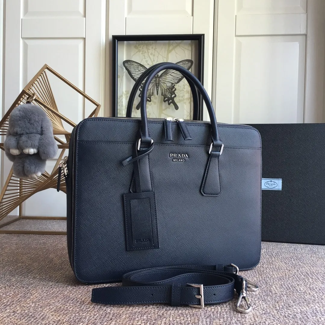 💰2160, P Jiachui's new men's bag, 2VE366B - gun-color loose lettering watch, original item, imported thick cross pattern, double-layer compartment, practical [strong][strong][strong], 175 OEM code, length 36x height 28cm