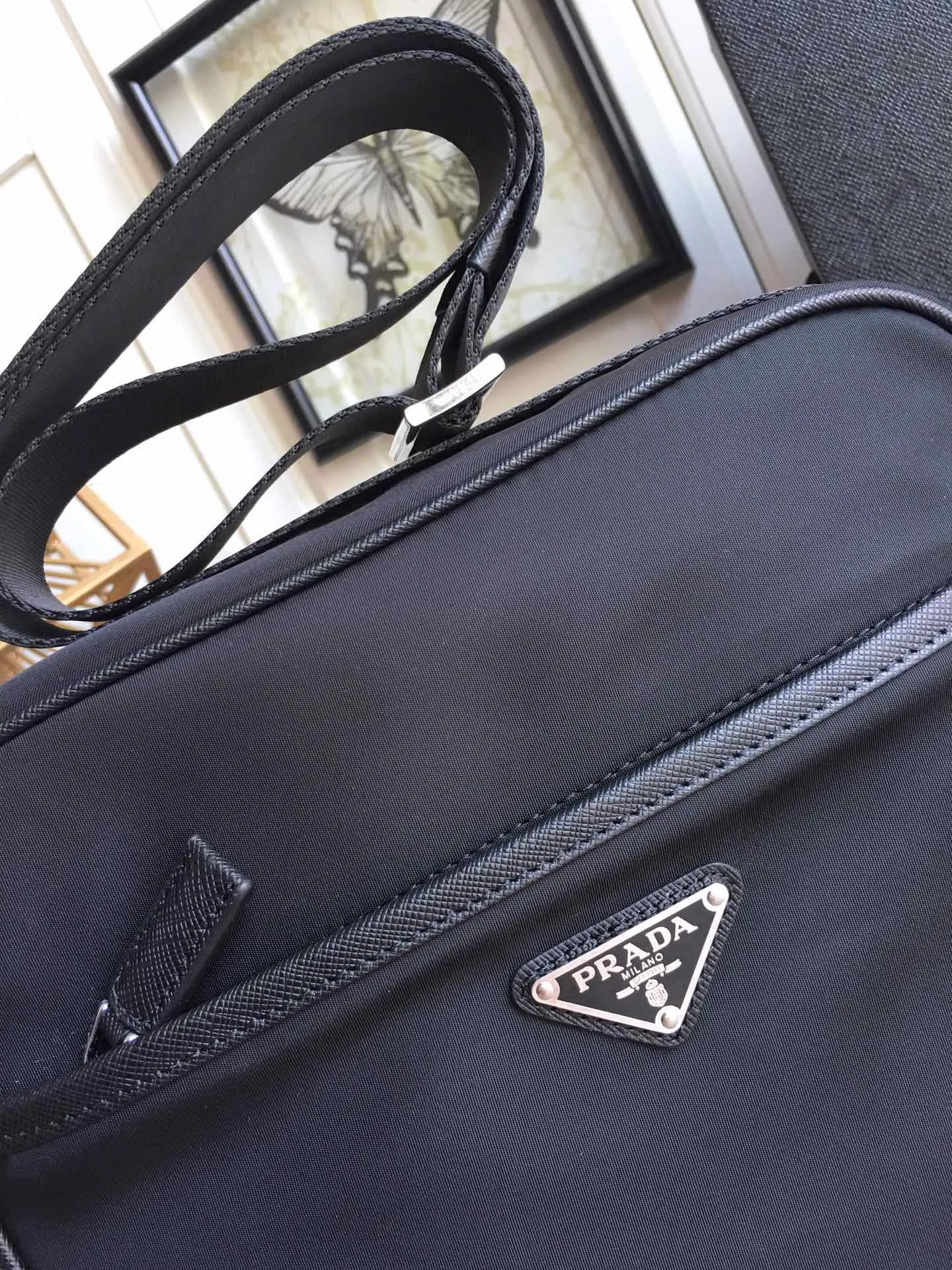 💰900, P's new men's bag, 2VQ002 black, original item, nylon and Saffiano leather trim, adjustable nylon shoulder strap, polished steel accessories and black titanium zipper, many compartments, a zipper compartment and two front and rear zipper outer pockets, a must-have for men, length 24x height 27cmx width 7cm, 💪💪💪