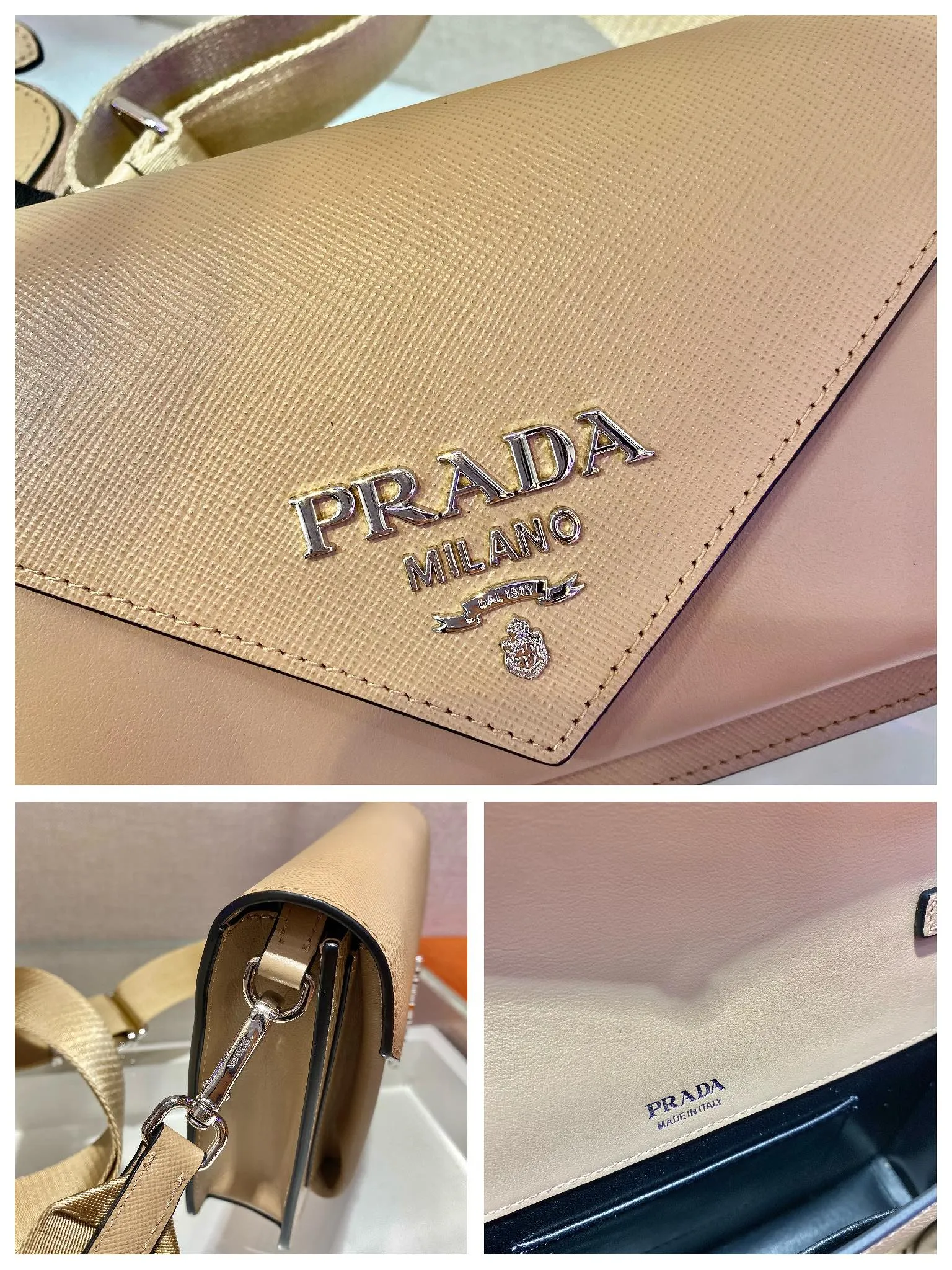💰1320🎉New three-in-one🎉1BP40A👏👏 This mini envelope bag is equipped with a front flap, and the iconic lettering logo is embellished on the front, making the brand style clearly visible. The magnetic buckle closure design is classic, and the shoulder strap allows it to be transformed into a crossbody bag or a shoulder bag. It is versatile and can be used as a handbag. It is lined in soft sheepskin and equipped with a small pocket with a removable mirror. The design is quite thoughtful. Simple and fashionable, babies, hurry up and get it🎉🎉🎉👏👏👏👏 Length 20x Height 12x Bottom 4cm