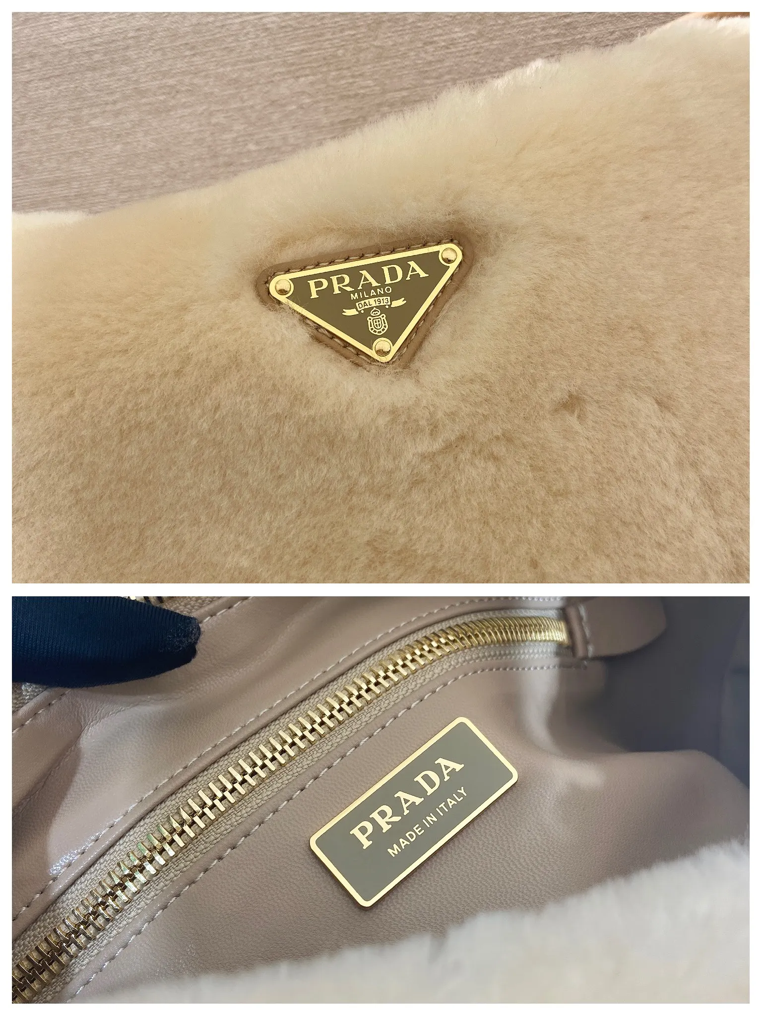 💰1520🎉New Aimee underarm bag🎉1BC229 wool🎉🎉 This wool Hobo underarm bag has a simple design and is made of imported wool and sheepskin. It has a metal triangular enamel logo on the front and is equipped with a detachable wool shoulder strap. The wool is fine and soft, practical, lightweight and has a large capacity. 😂😂 High-end and versatile, another fashion hit. A must-have in winter, hurry up and get it, it’s so beautiful👏👏 Length 31x height 18x ​​bottom 10cm,